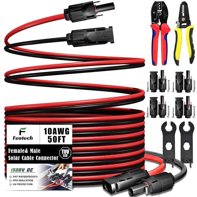 Cabo de extensão solar duplo Feotech 10 AWG (6 mm²), 15,24 m (50FT), conectores solares IP67 macho e fêmea com alicate desencapador