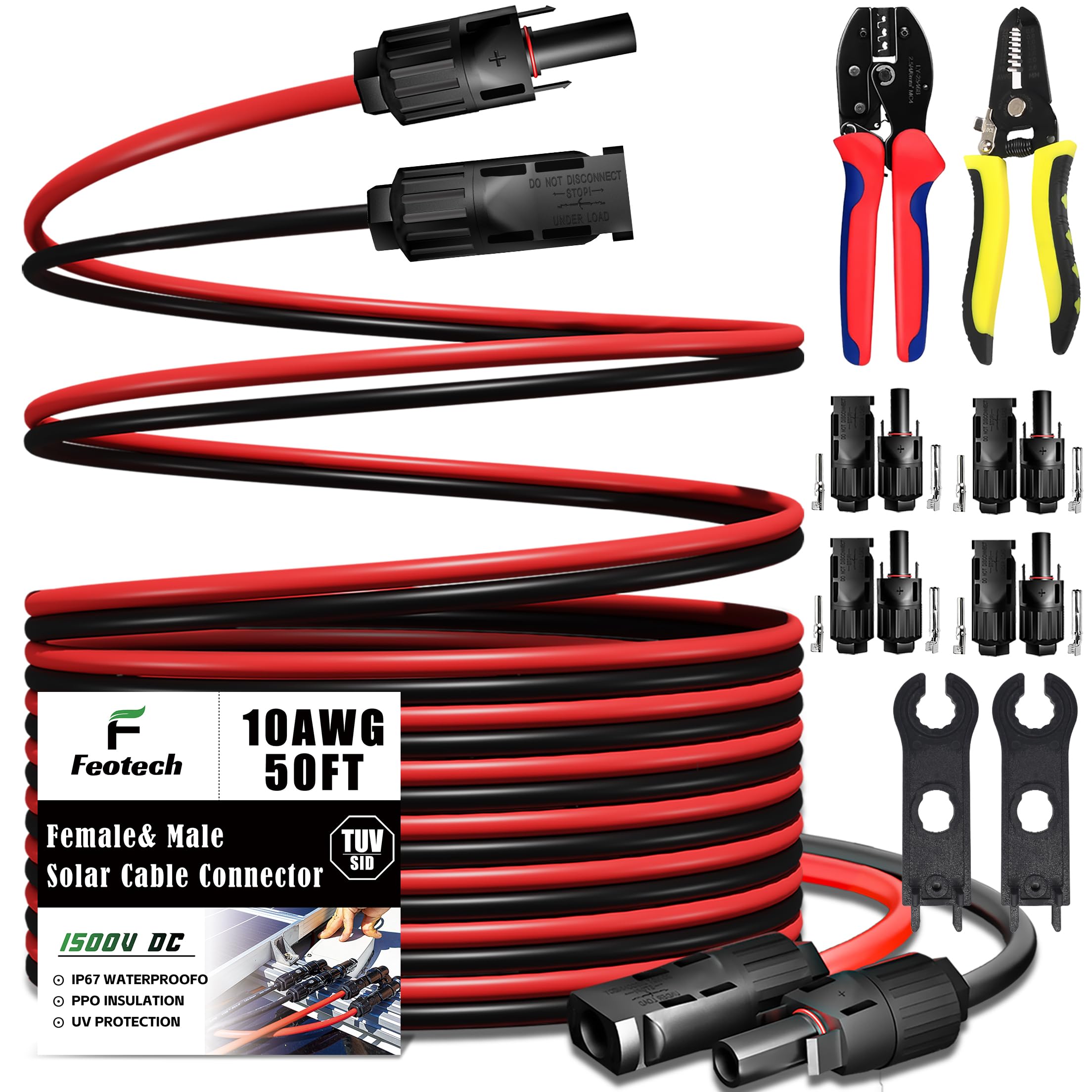 Cable de extensión solar de doble cable de 50 pies, conector de panel solar de 10 AWG (6 mm²), con conectores solares IP67 macho/hembra para exteriores, automóvil, caravana, barco, panel solar