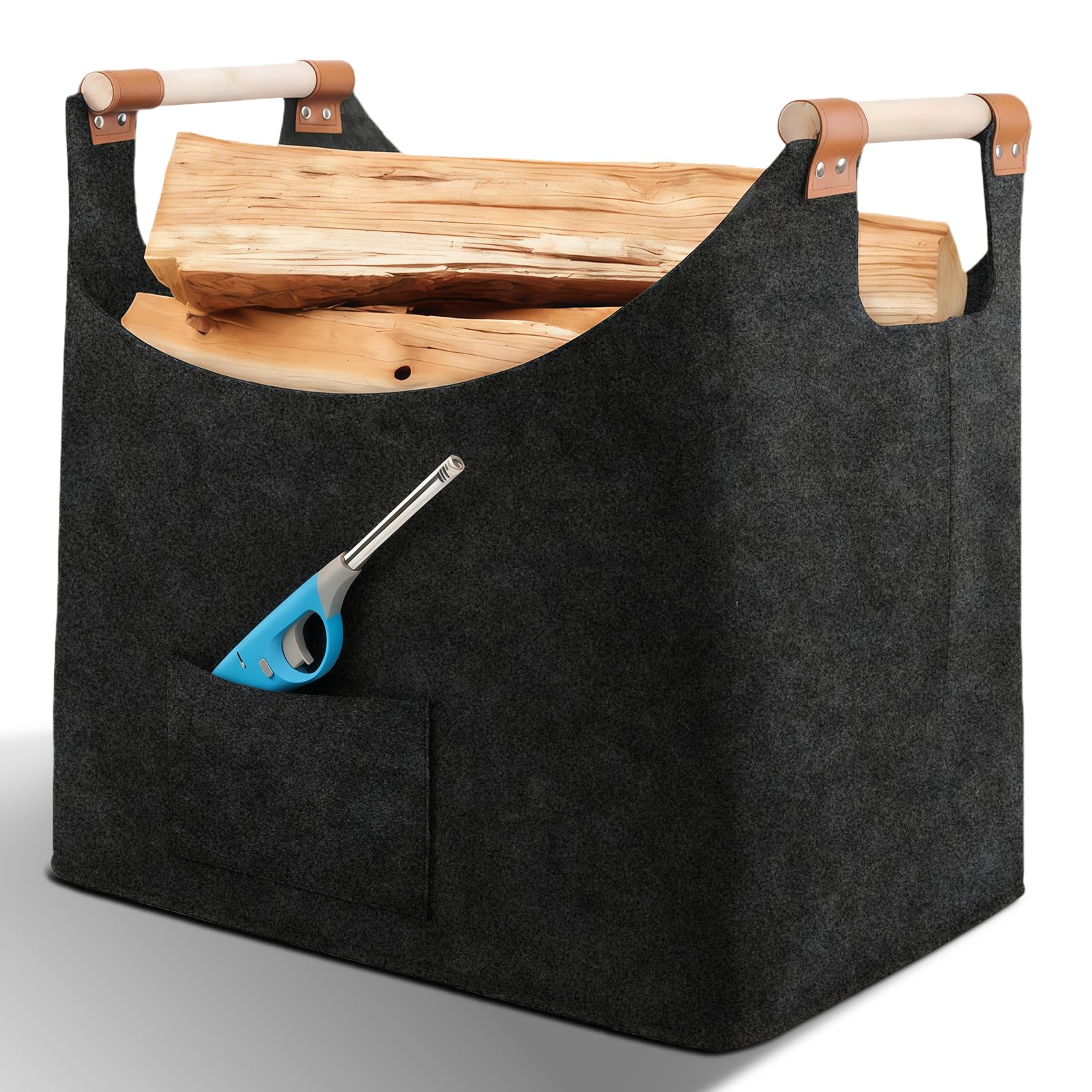 Log Basket, Large Log Baskets for Wood Burner Indoor, Felt Storage Basket with Handles & Pocket, Fireplace Multi-Functional Accessories for Wood Storage