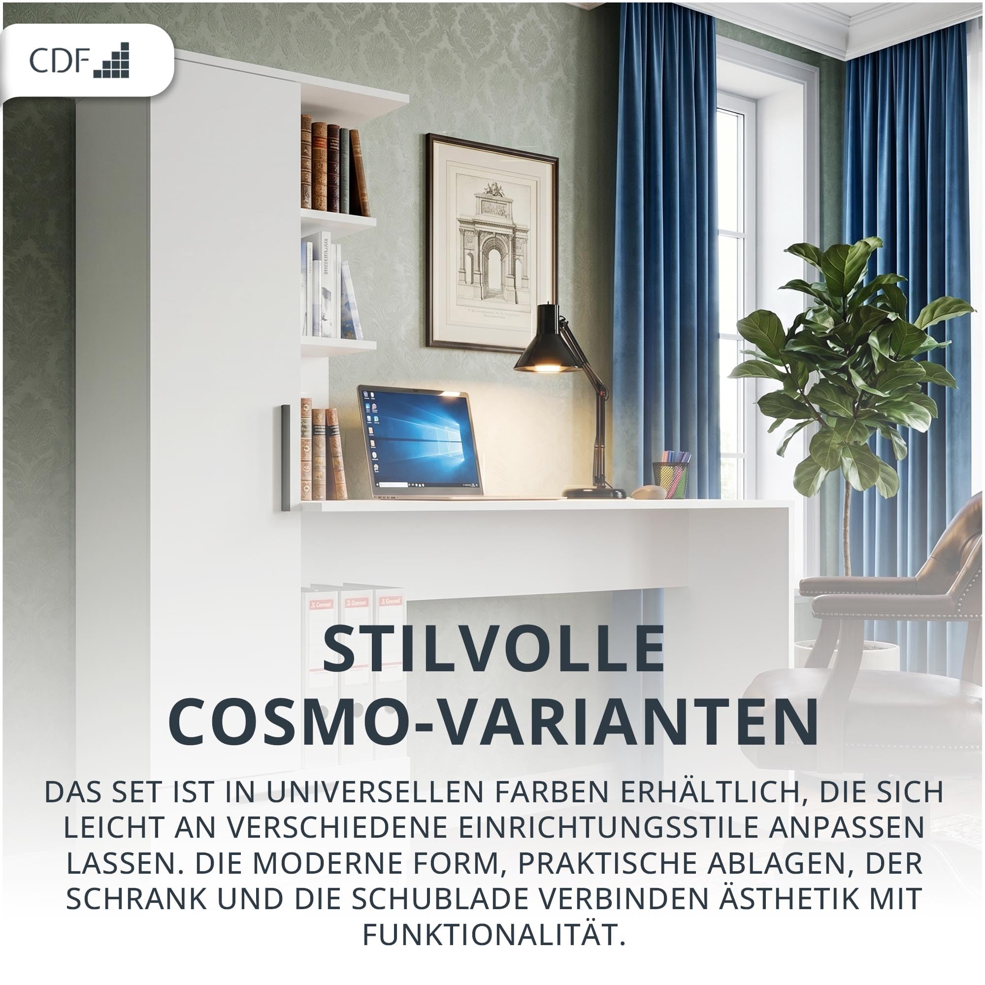 CDF Schreibtisch mit Regal Schublade 140cm 3 Einlegeböden Computertisch | Home Office Bürotisch Ergonomisch Arbeitstisch Jugendzimmer Schlafzimmer Kinderzimmer Rollschienen Weiß Spanplatte