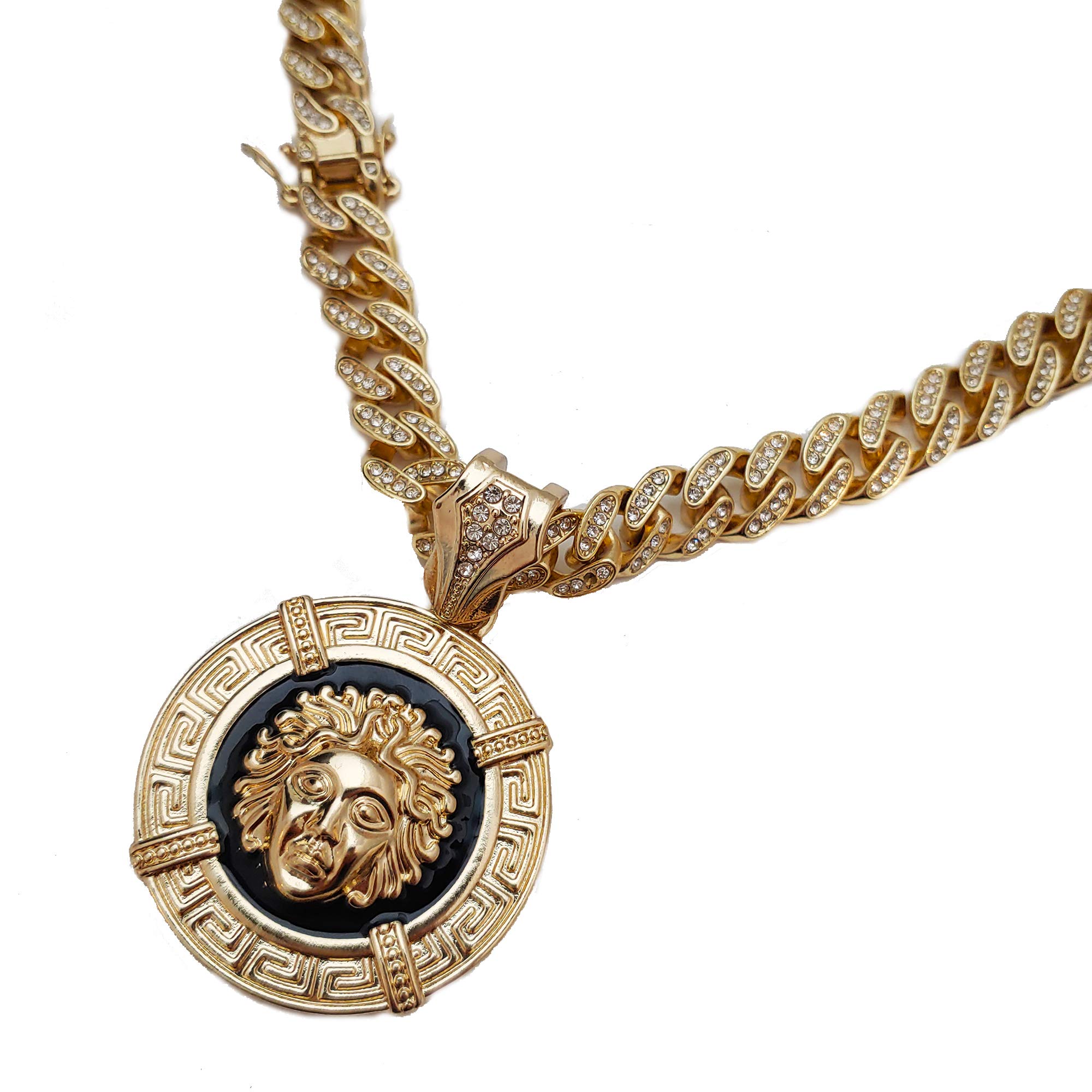 BLINGFACTORYHip Hop Gold PT Medusa Medal Pendant & 12mm 16" 18" 20" 24" Full Iced Cuban Box Lock Chain Necklace