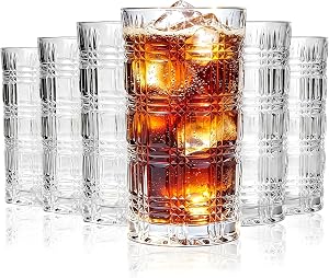 Crystal Highball Glasses Set of 6-14 Ounce Clear Tom Collins Glasses - Textured Designer Glassware for Whiskey,Drinks, Water, Beer, Soda