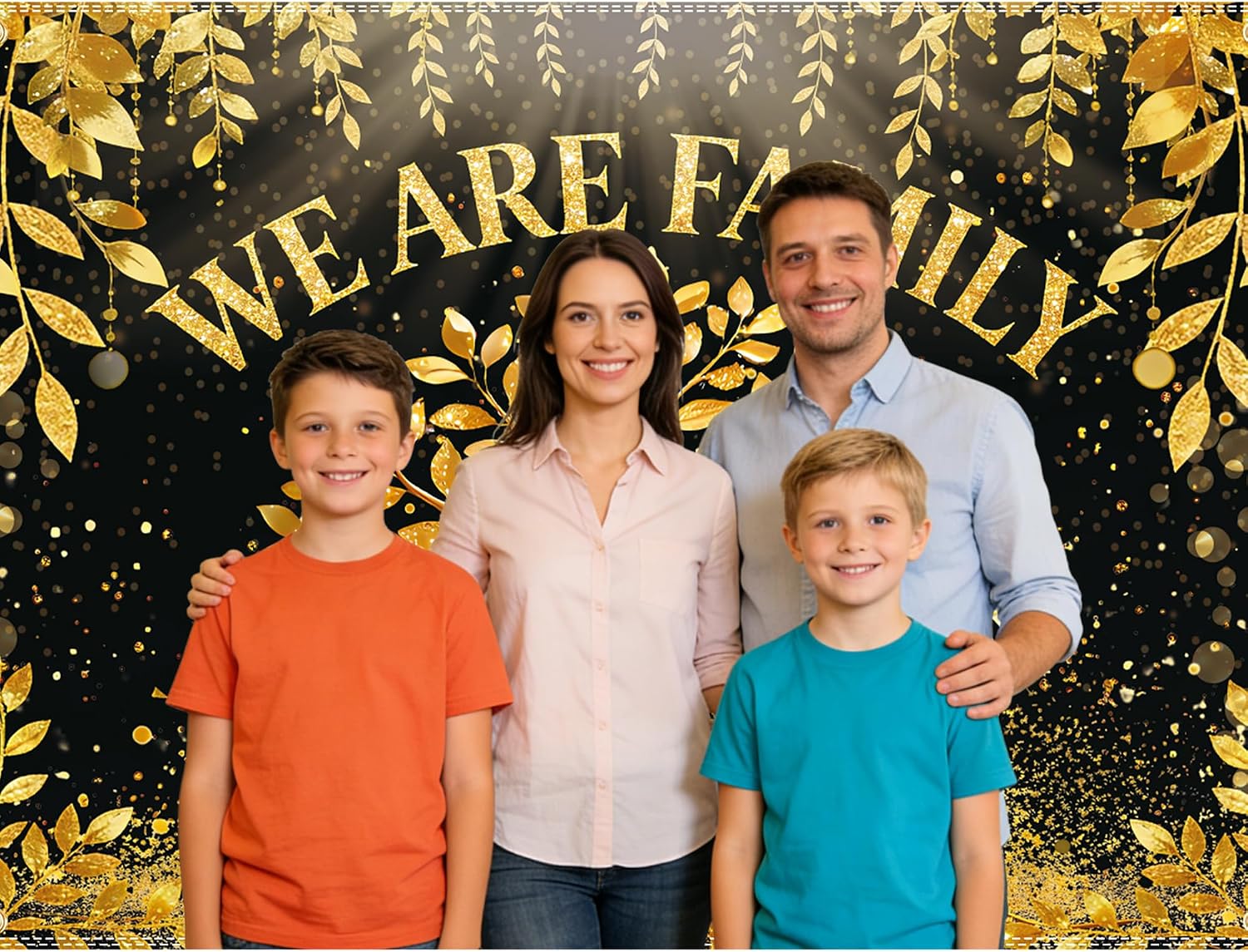 Family Reunion Backdrop 7x5ft Polyester Photography Background Banner with 4 Brass Grommets and 32.8ft Ribbon for Family Party, Gathering, Photo Booth and Home Decorations