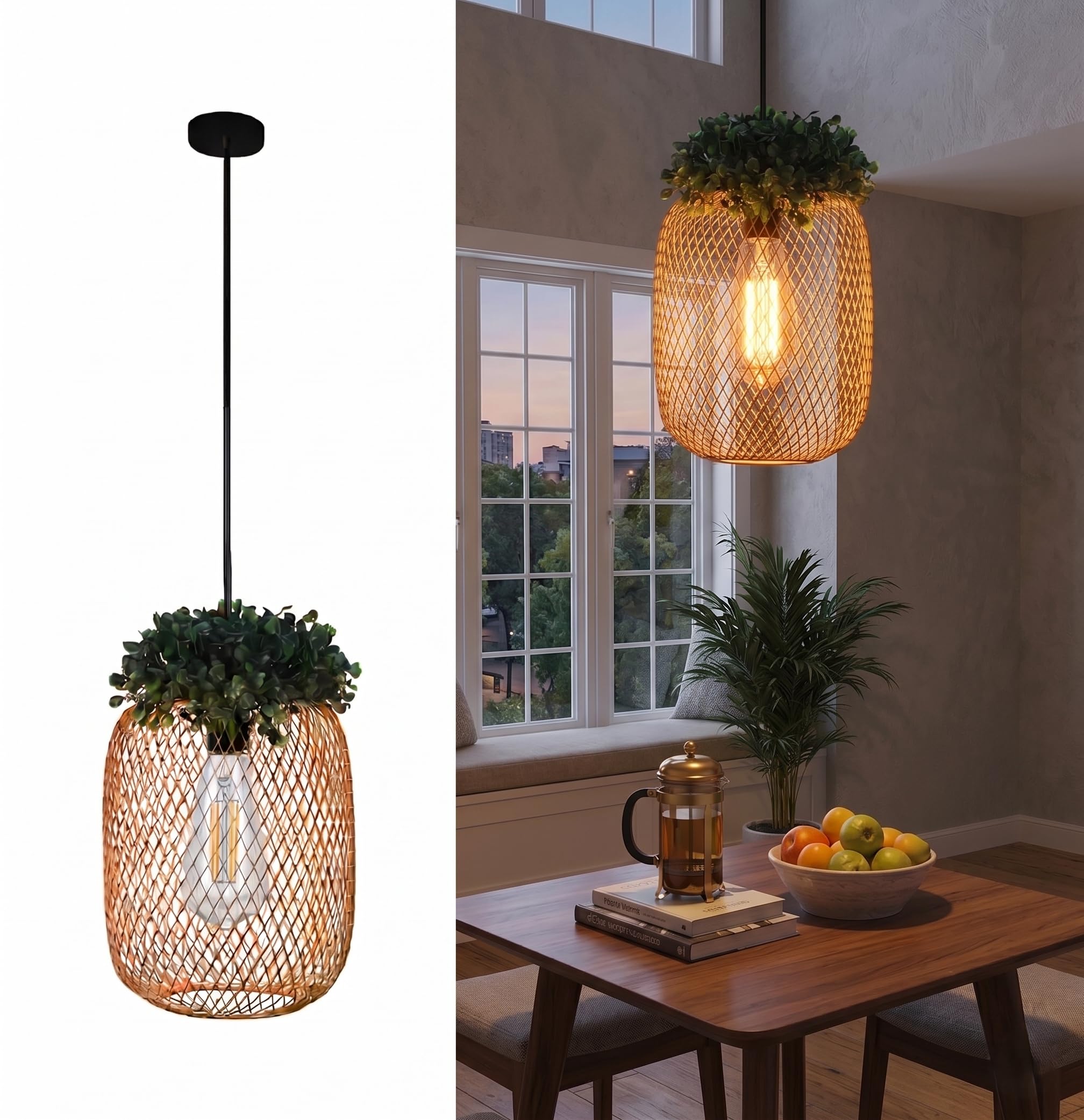 Gold Metal Mesh Leaf Hanging Pendant Ceiling Lamp with Bulb, Decorative Chandelier Light for Living Room Bedroom Kitchen Balcony (Pack of-1)-image-6