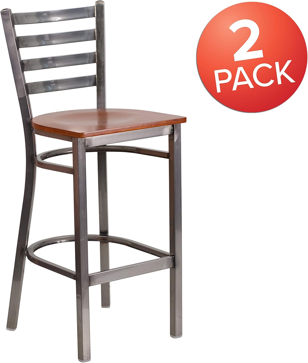 Flash Furniture 2 Pack HERCULES Series Silver Antique Finish with Clear Coat Ladder Back Metal Restaurant Barstool - Cherry Wood Seat