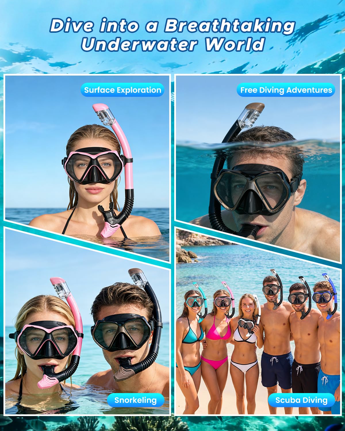 Lot de 2 équipements de plongée avec tuba pour adultes, masque de plongée pour adulte, équipement de plongée, lunettes de natation avec cache-nez, rose grise