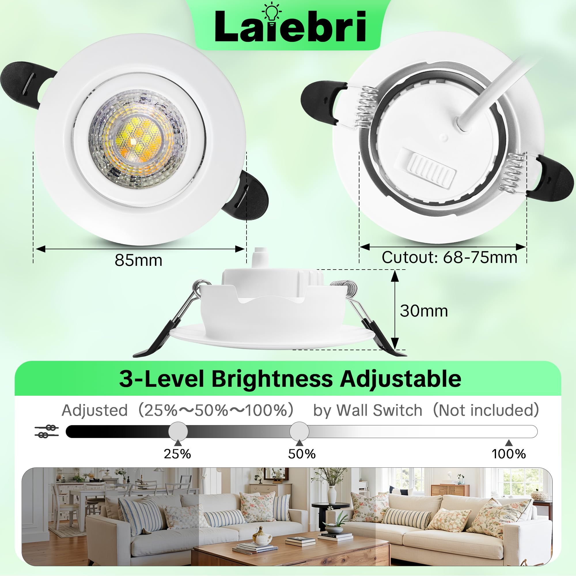 LED Einbaustrahler 230V Dimmbar, 6W IP44 LED Spots, 68mm Deckenspots 38° Schwenkbar 3000K/4000K/6000k für Badezimmer Küche Wohnzimmer Einbauspots Flach Einbauleuchten, Weiß, 6er Set