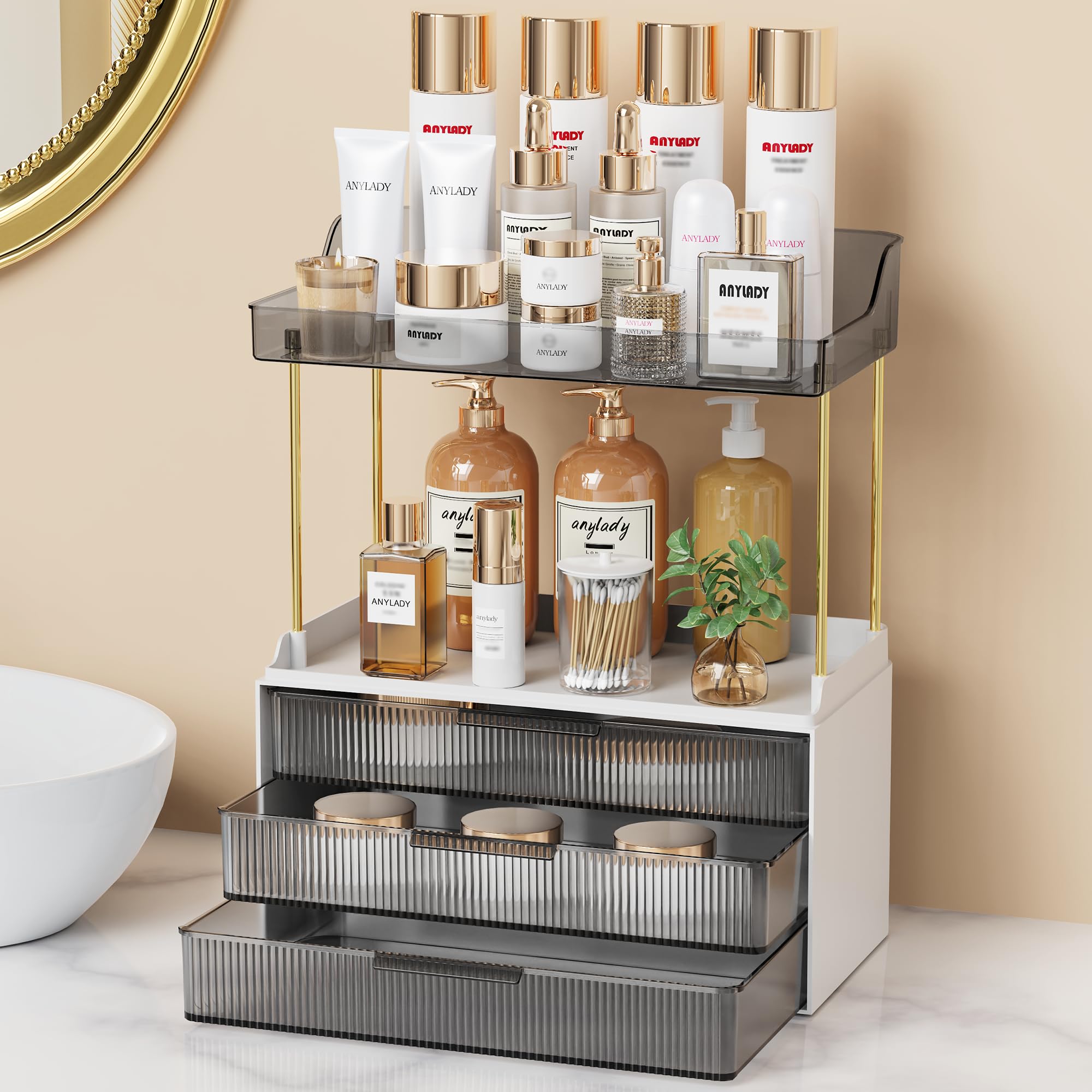 Anylady Bathroom Organizers and Storage, Makeup Organizer (Sturdy Durable Attractive), Ideal for Vanity, Countertop, Counter, Perfume, Skincare, Cabinet, Cosmetic, Dresser Organizer (Gold): black 3 Drawers