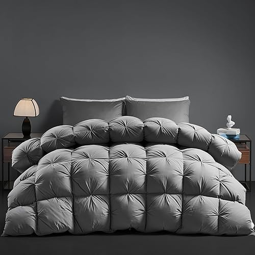 850 Fill-Power Luxury Twisted Flower Feather Down Comforter King Size Duvet Insert,1200TC 100% Cotton Fabric,Fluffy All Season Down Comforter,Grey Duvet with 8 Corner Tabs(Grey,106x90 Inches)