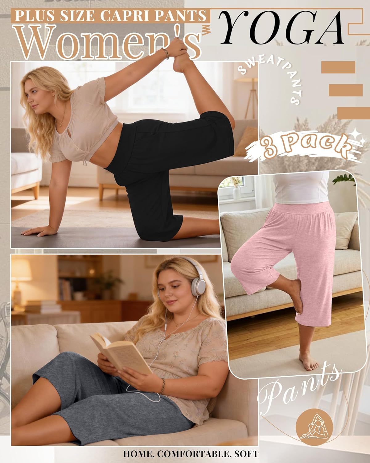 Neer 3 Pack Women's Plus Size Capri Pants, Wide Legs Elastic Waist Capris with Pockets Lounge Loose Sweatpants