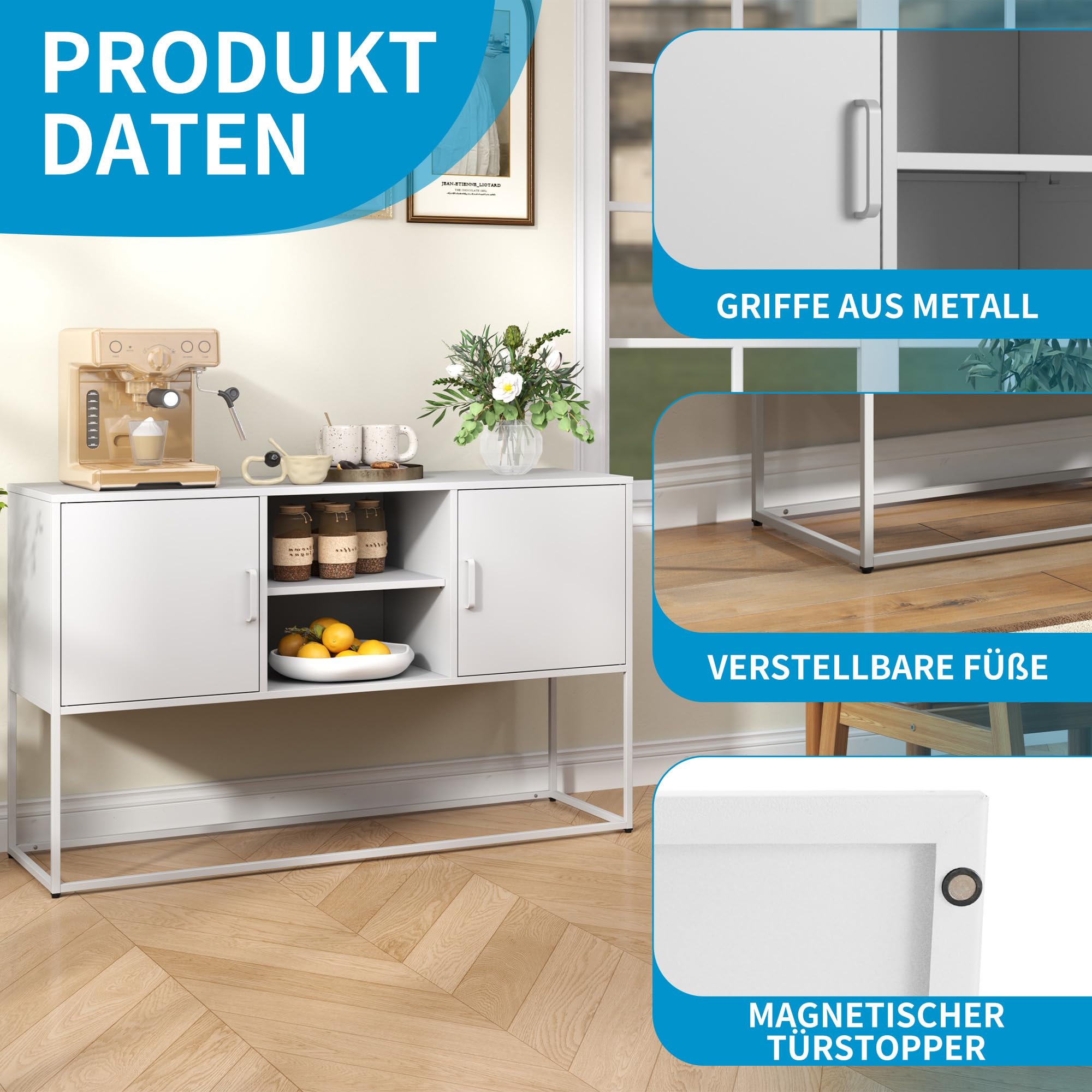 Sideboard, 120 cm Breit Küchenschrank mit 2 Beweglich Regalen, Buffetschrank mit 2 Türen und offene Lagerung, Küchenbuffet für Wohnzimmer, Küche, Flur, Anti-Kipp Design(Weiß)