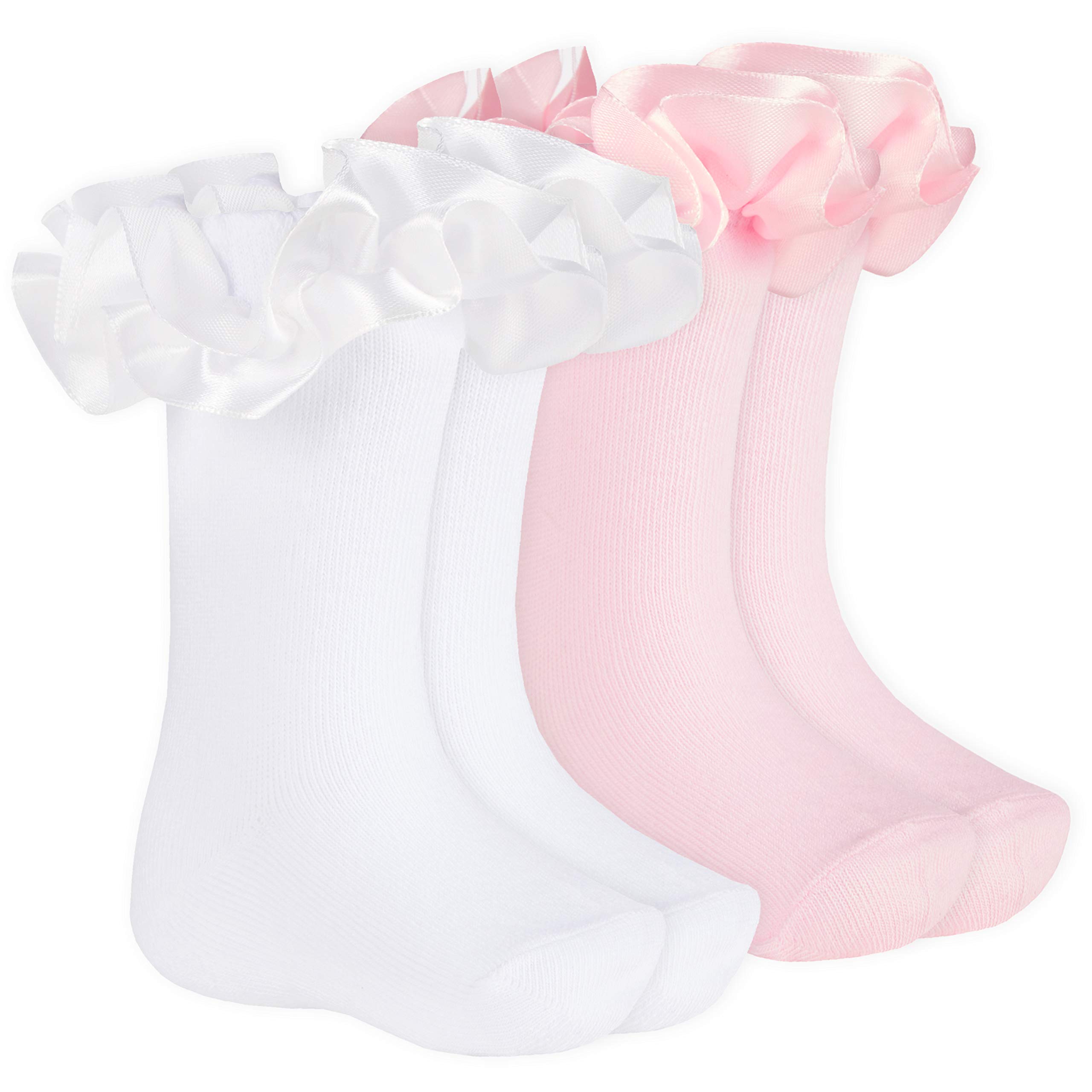 Metzuyan 2 Pack Baby Girls Newborn Tutu Satin Frill Socks Cotton Rich White Pink 0-0