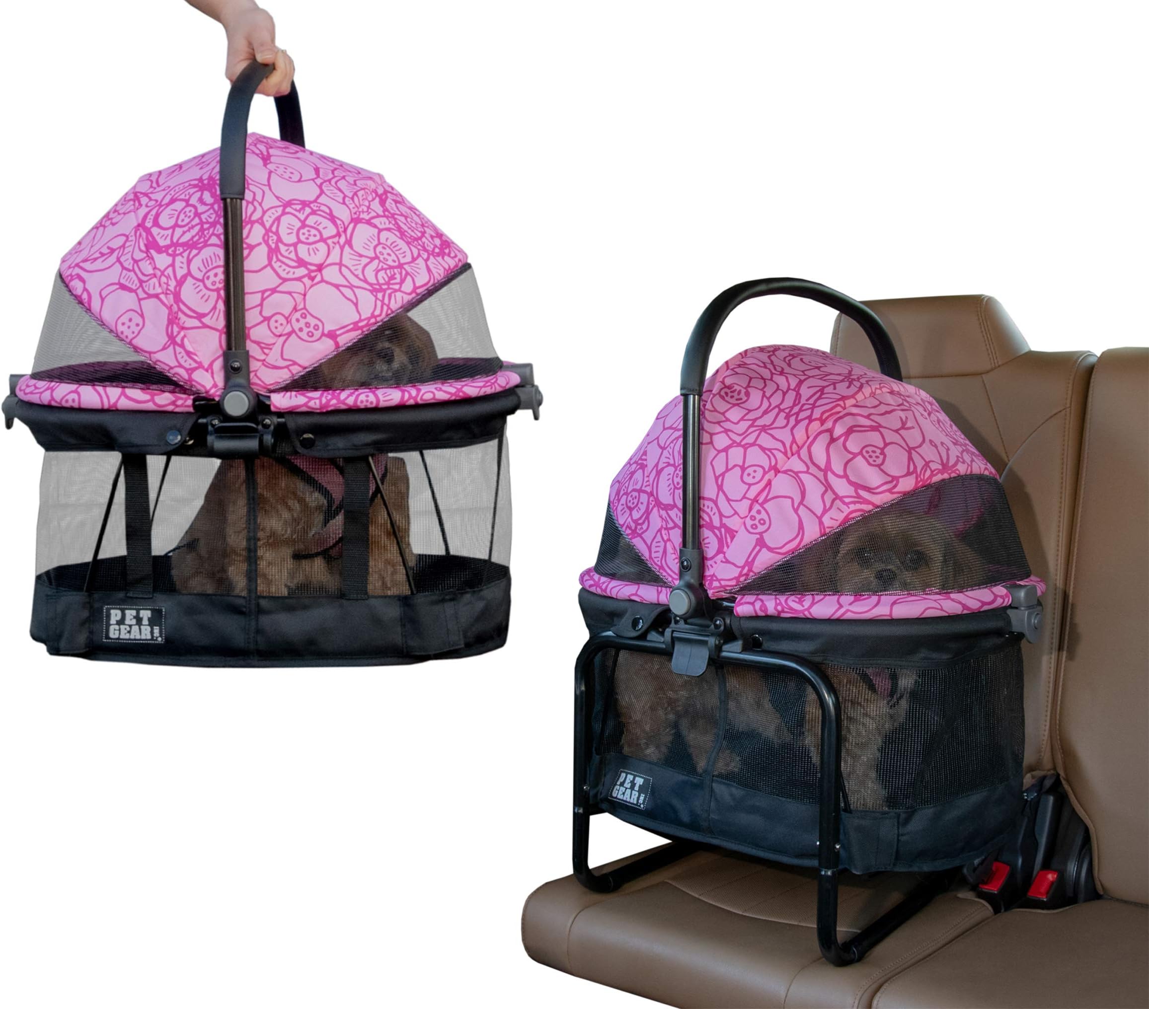 Pet Gear No-Zip View 360 Pet Carrier & Car Seat with Booster Seat Frame for Small Dogs & Cats, Mesh Ventilation, Push Button Entry, No Tools Required, Blossom
