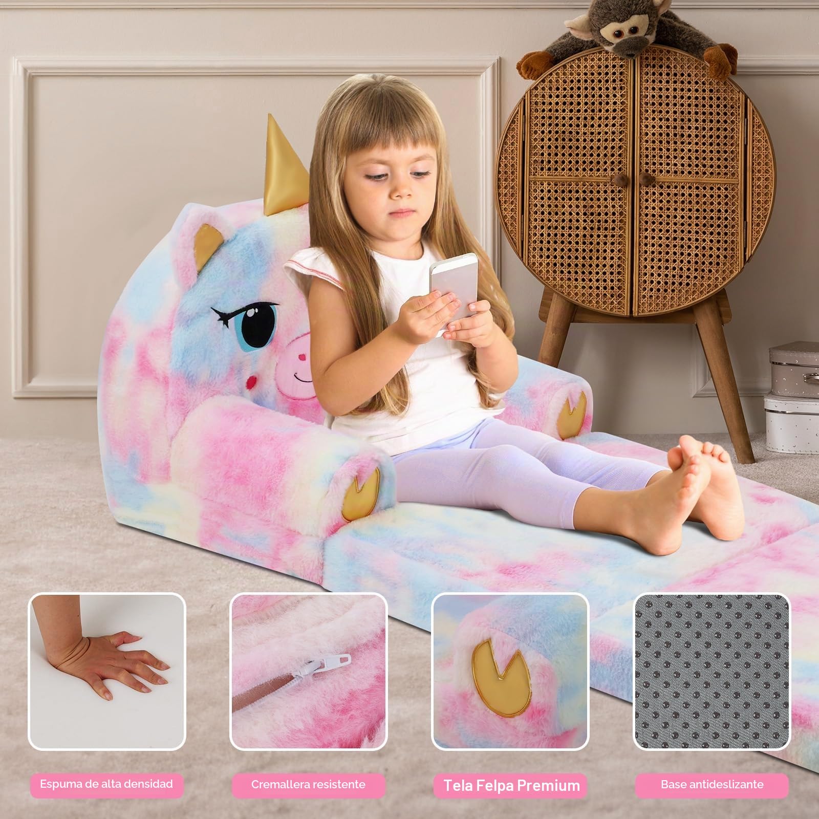 decalsweet Sofá Plegable de Felpa para Niños con Respaldo Sillón 2 en 1, Cómoda Ligero Estable Sillón Infantil con Cremallera, Sofá Cama para Bebé para Dormitorio Sala de Juegos, Mini Sofa (Unicornio)