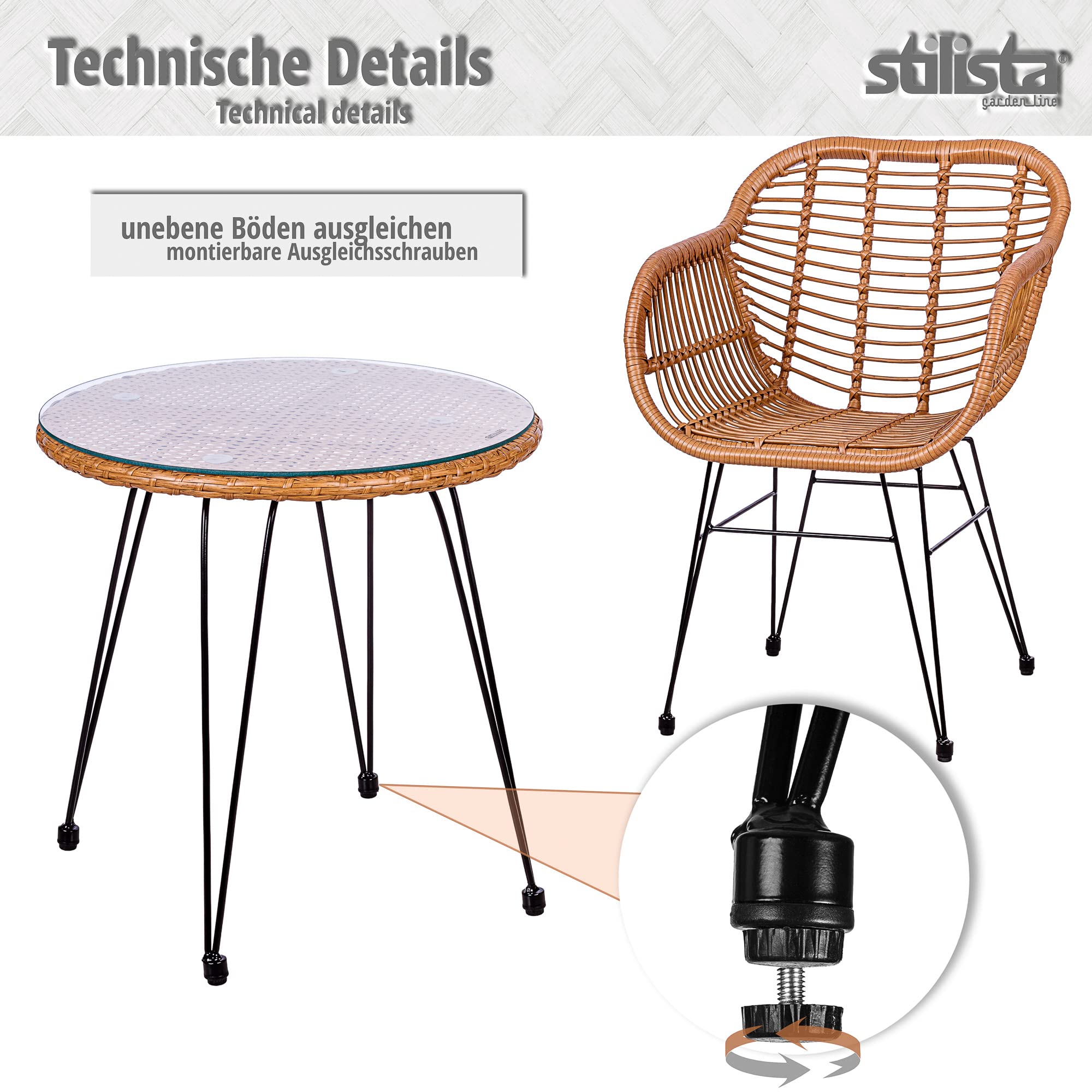 STILISTA 3-teiliges Poly-Rattan Bistroset 2 Lounge Sessel Beistell-Tisch Wetterfest Indoor Outdoor geeignet