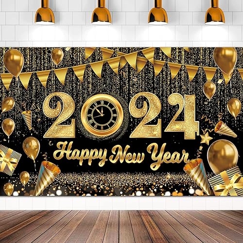 Telón de fondo grande de 71 x 43 pulgadas con texto en inglés "Happy New Year" 2024, pancarta de feliz año nuevo 2024, fondo de Nochevieja 2024 para