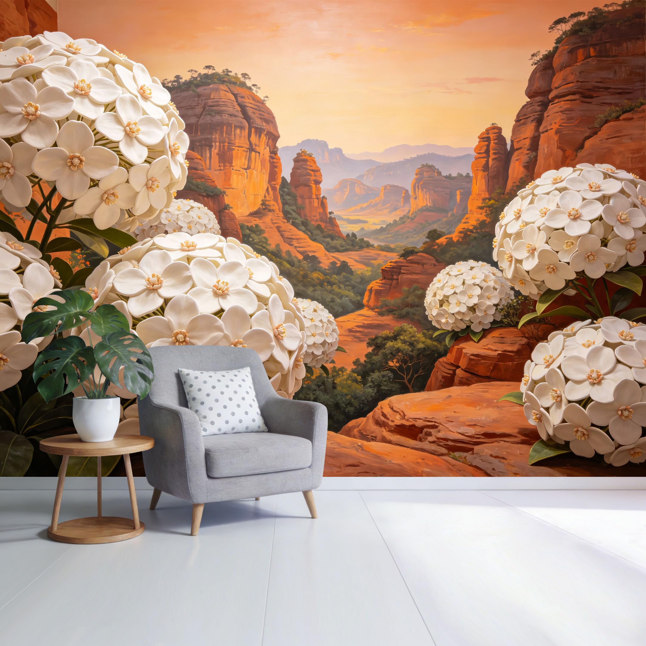 Custom Size Wall Mural Desert Canyon Landscape with White Flower Blossoms 3D Botanical Nature SelfAdhesive Wall Fabric Removable Wallpaper for Home Office Decor