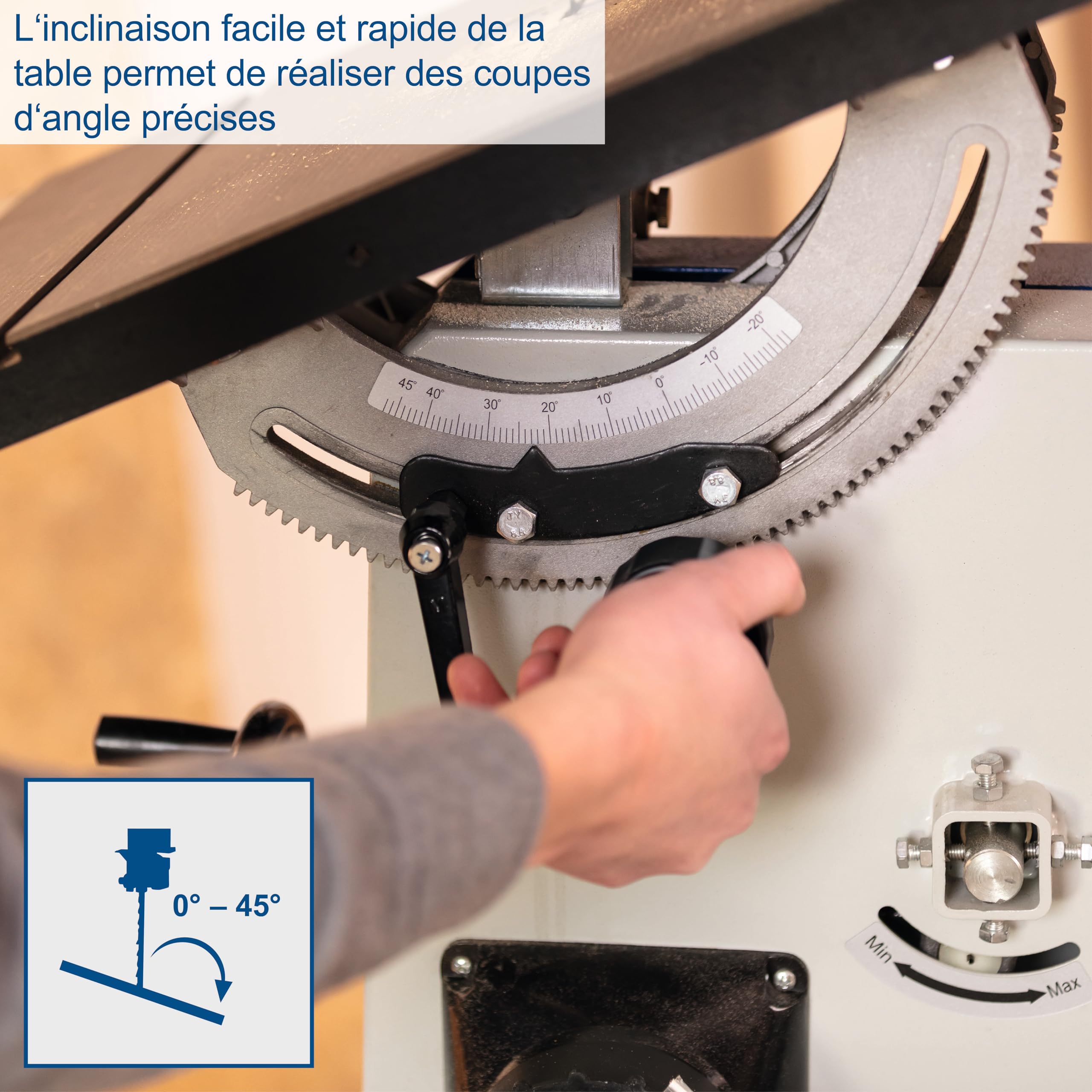 Scheppach Scie à ruban Basa 3 | 800W | 400V | Vitesse de coupe : 370-750m/min | Hauteur de coupe maxi : 205 mm | Largeur de passage : 306 mm | Table 45°| Gabarit de coupe transversale & support inclus