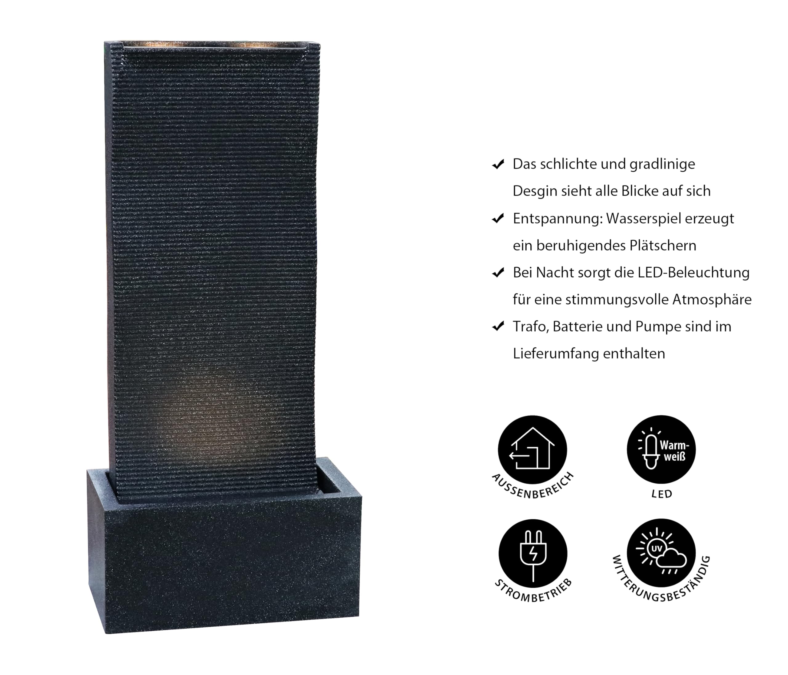 Dehner Gartenbrunnen Altero, schwarz, 49 x 107 x 26.5 cm | mit LED Beleuchtung, frostbeständig, solarfähiger Brunnen für Außen, Polyethylen