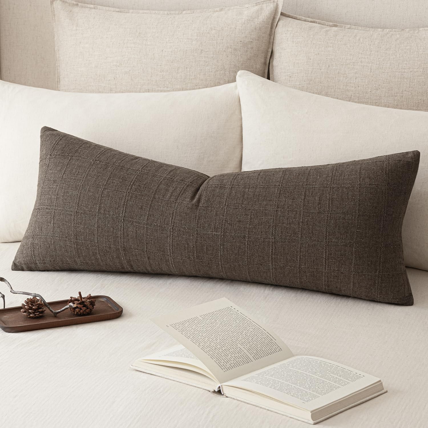 Foindtower Set of 1 Decorative Linen Check Throw Pillow Cover Neutral Farmhouse Lumbar Cushion Cover Soild Modern Boho Home Decor for Sofa Chair Couch Bedroom Living Room,14×36 Inch,Dark Brown