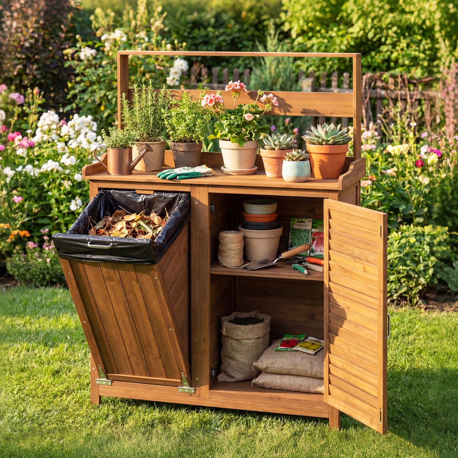 COSTWAY Tavolo da Giardinaggio, Armadietto da Esterno in Legno Massello con Ripostiglio, Ripiani Rimovibili e 2 Ante, Tavolo da Lavoro per Piante da Giardino, Prato e Cortile