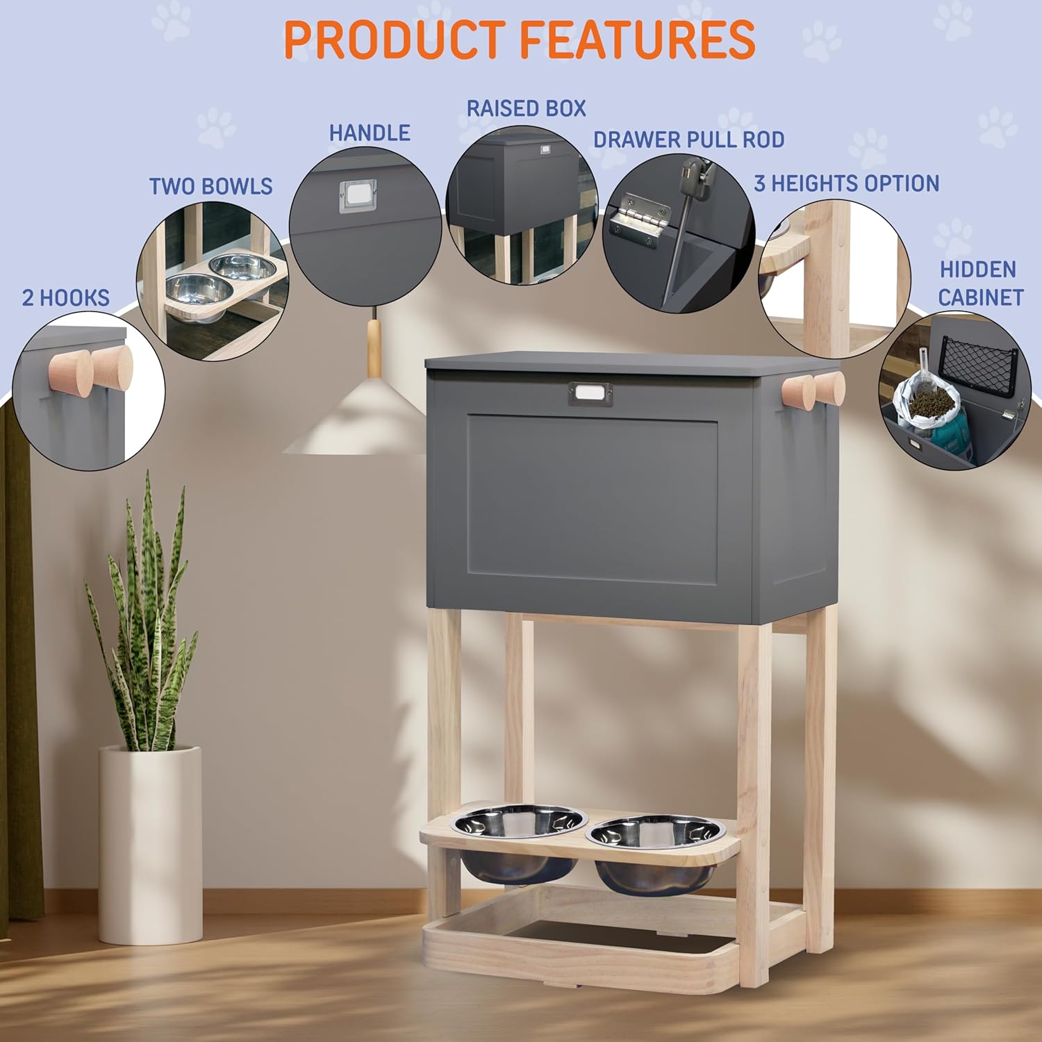 Zoovilla Raised Pet Feeder Station with Soft-Close Lid, 7" Angled Bowls – Waterproof Wooden Dog Storage Organizer for Large & Small Dogs – Modern Design (Gray)