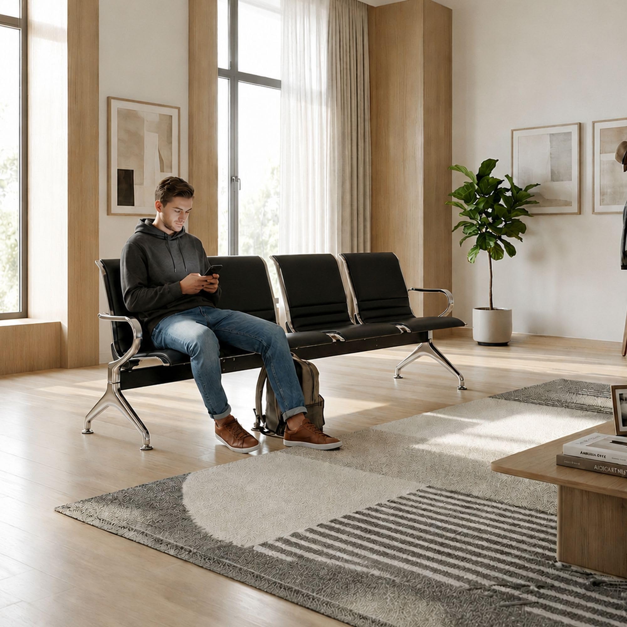 CLP Banc d'attente 4 Places Style aeroport Frankfurt, Banc d'entree avec Dossier, Coques ergonomiques Aspect Cuir, jusqu'a 150 kg par Siege | Couleur Noir