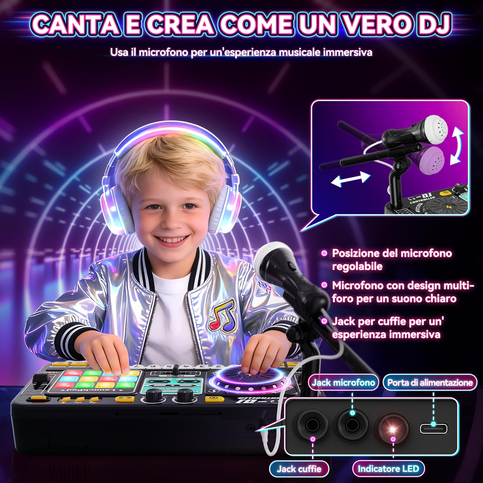 Console DJ per bambini, controller DJ, mixer DJ con funzione di registrazione, 100+ effetti sonori, giradischi DJ realistico e drum pads, regalo per bambini e bambine 3-11 anni, Nero