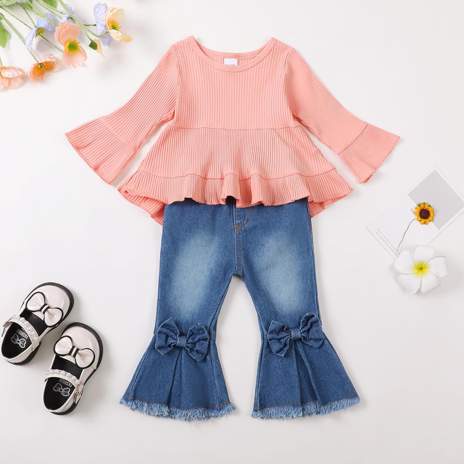 Kucnuzki Toddler Baby Girls Clothes Long Sleeve Shirt Top Flare Denim Jeans Cute Outfit Baby Girl Fall Winter Clothes - Image 2