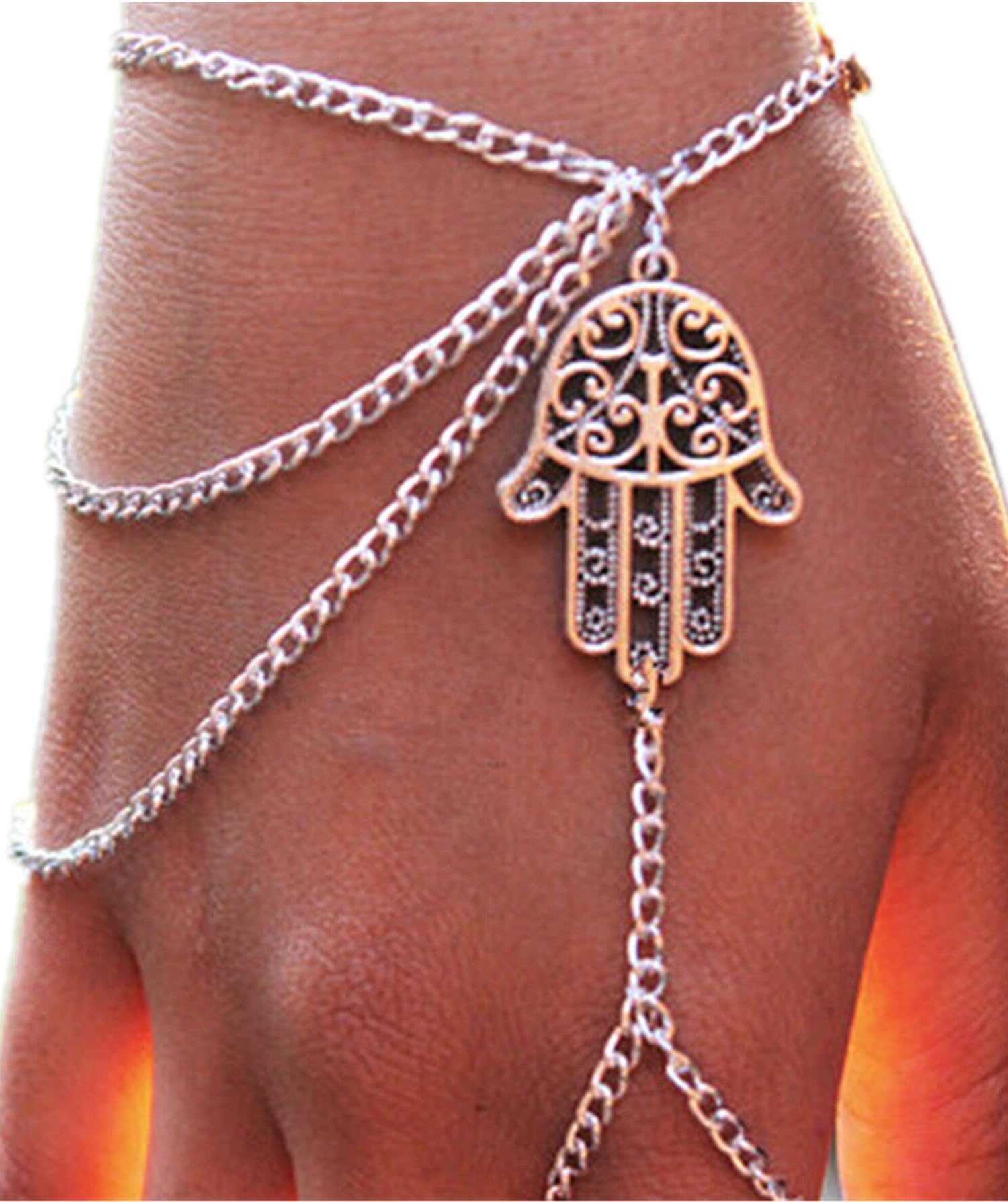 NC Celeb Arabian Silver Hamsa Fatima Bracelet Finger Ring Bangle Slave Chain Hand Harness #12