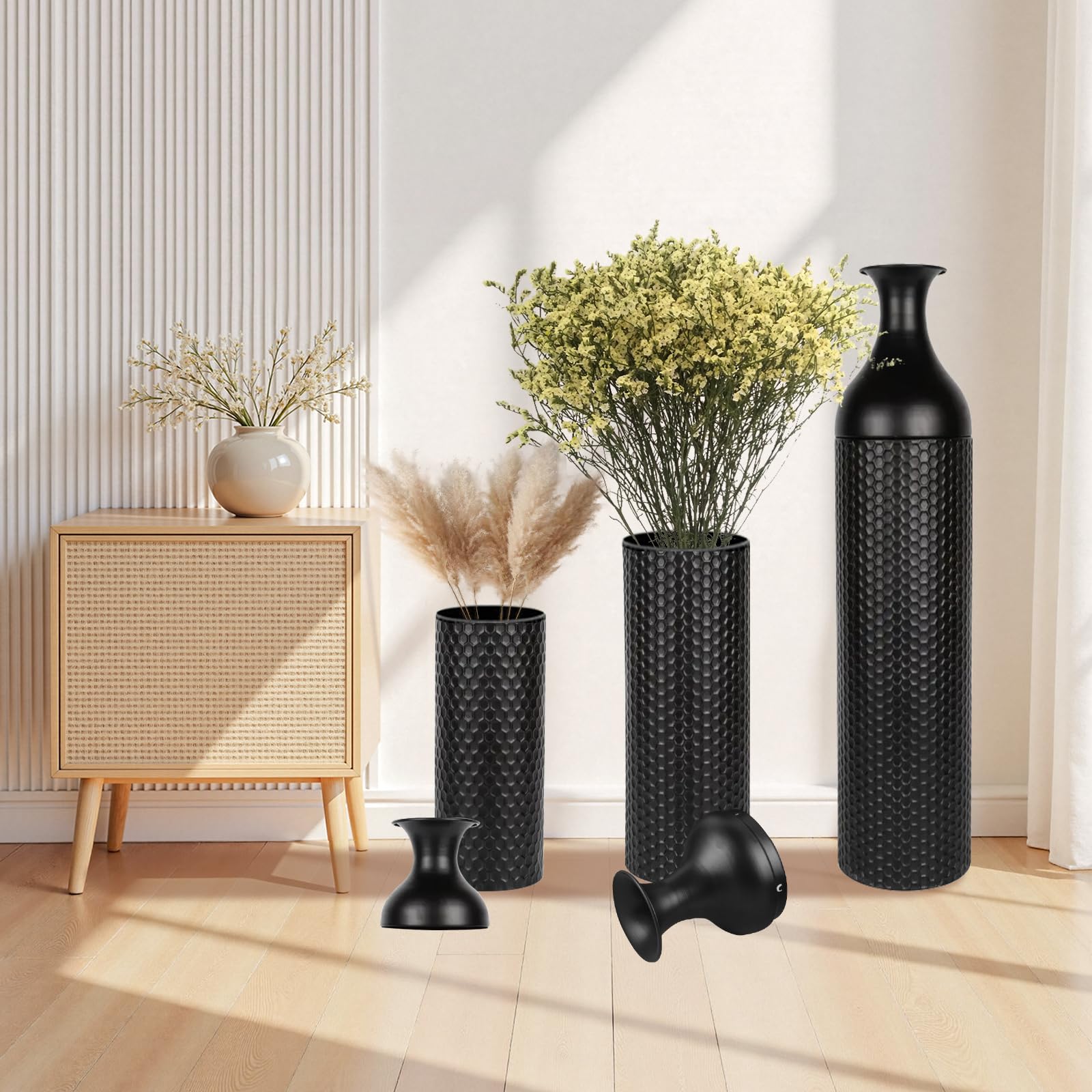 Vaso Grande da Terra Nero, 68/51/41 cm Metallo Vasi da Terra Set di 3, Struttura a Nido d'ape Vasi Decorativi Moderni Extra Vaso Alti da Terra per Camino Corridoio Ufficio Soggiorno