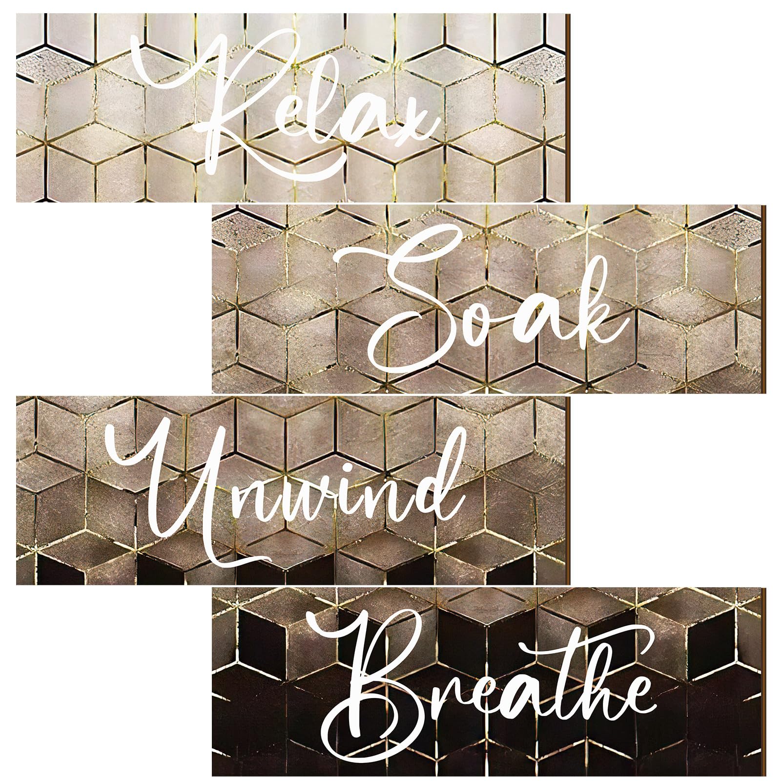 Huwena 4 Pcs Brown Bathroom Wall Decorations Modern Gradient Wood Wall Art Beige Bathroom Sign Relax Soak Unwind Breathe Geometric Golden Cubic Lines Hanging Sign for Home Living Room Toilet