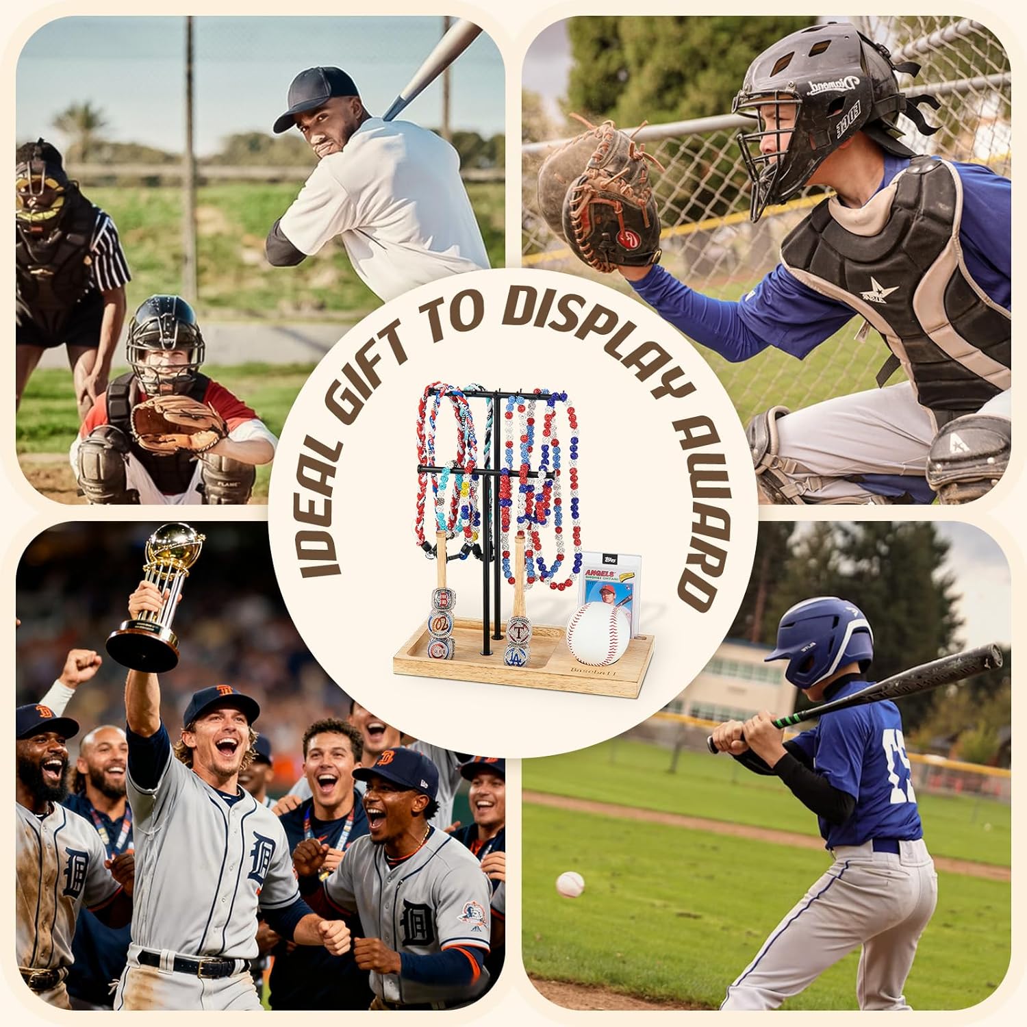 Pinzoveco Wooden Baseball Drip Necklace Organizer Holder,3 Tier Baseball Display Stand with 14 Hooks, Championship Ring Display Holder, Sports Ring Holder, Necklace Baseball Display Gift - Image 7