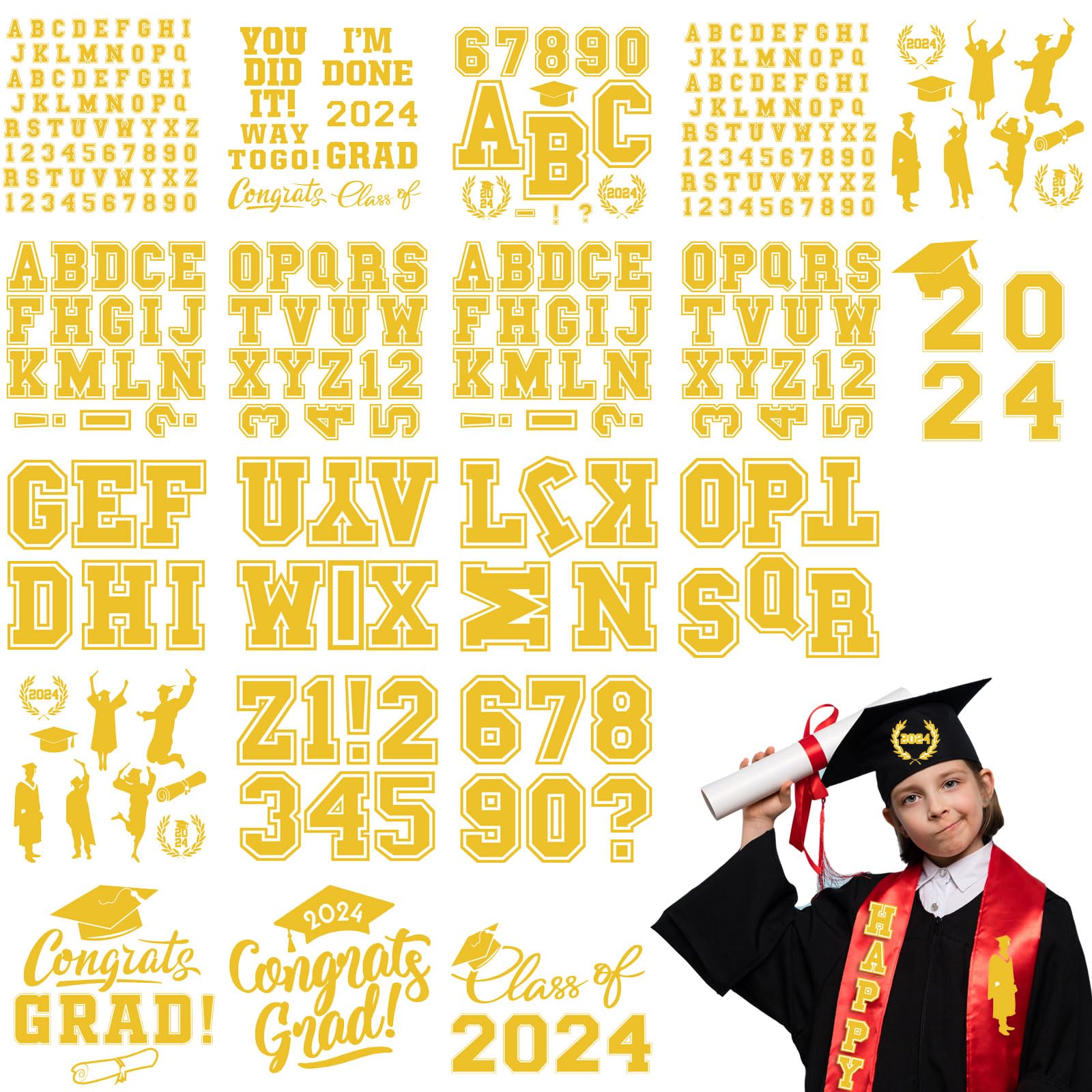 24 Sheets Graduation Iron on Decals Vinyl Class of 2025 Iron on Stickers Graduation Pattern Letter Number Vinyl Iron on Appliques for Graduation Stole T-Shirt Pillow Covers Backpack DIY Decorations