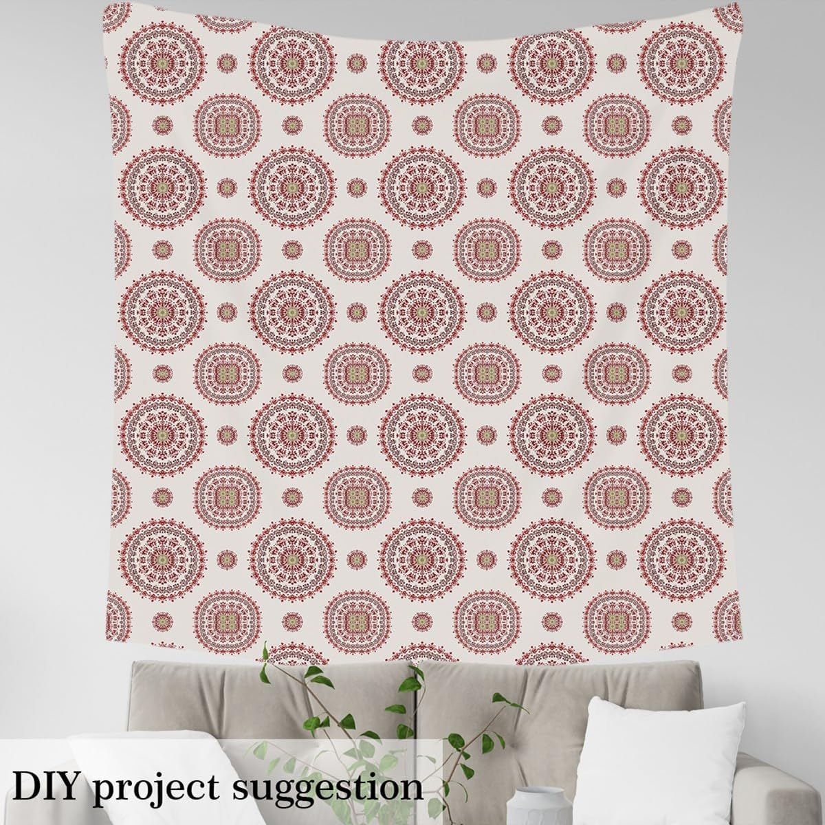 Boho Mandala Upholstery Fabric for Chairs, Vintagfe Style Floral Outdoor Fabric by The Yard, Retro Bohemian Style Flowers Decorative Fabric for Upholstery and Home DIY Projects, 2 Yards, Beige Red
