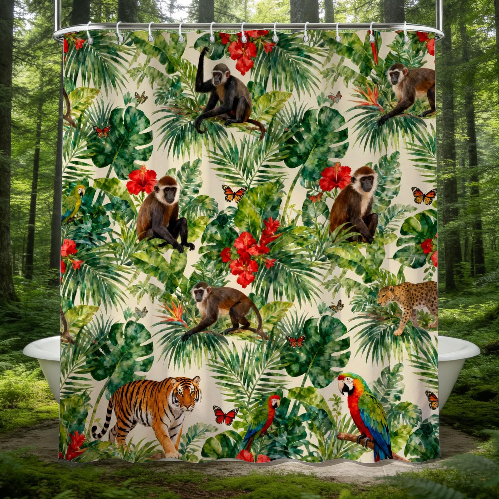 Hongduo 3D Tropical Rain Woods Shower Curtain for Stalls Bathtubs Cartoon Monkey Bathroom Decor Shower Curtain Set Polyester Fabric Waterproof 180x180cm/71X71 Inch with Hooks