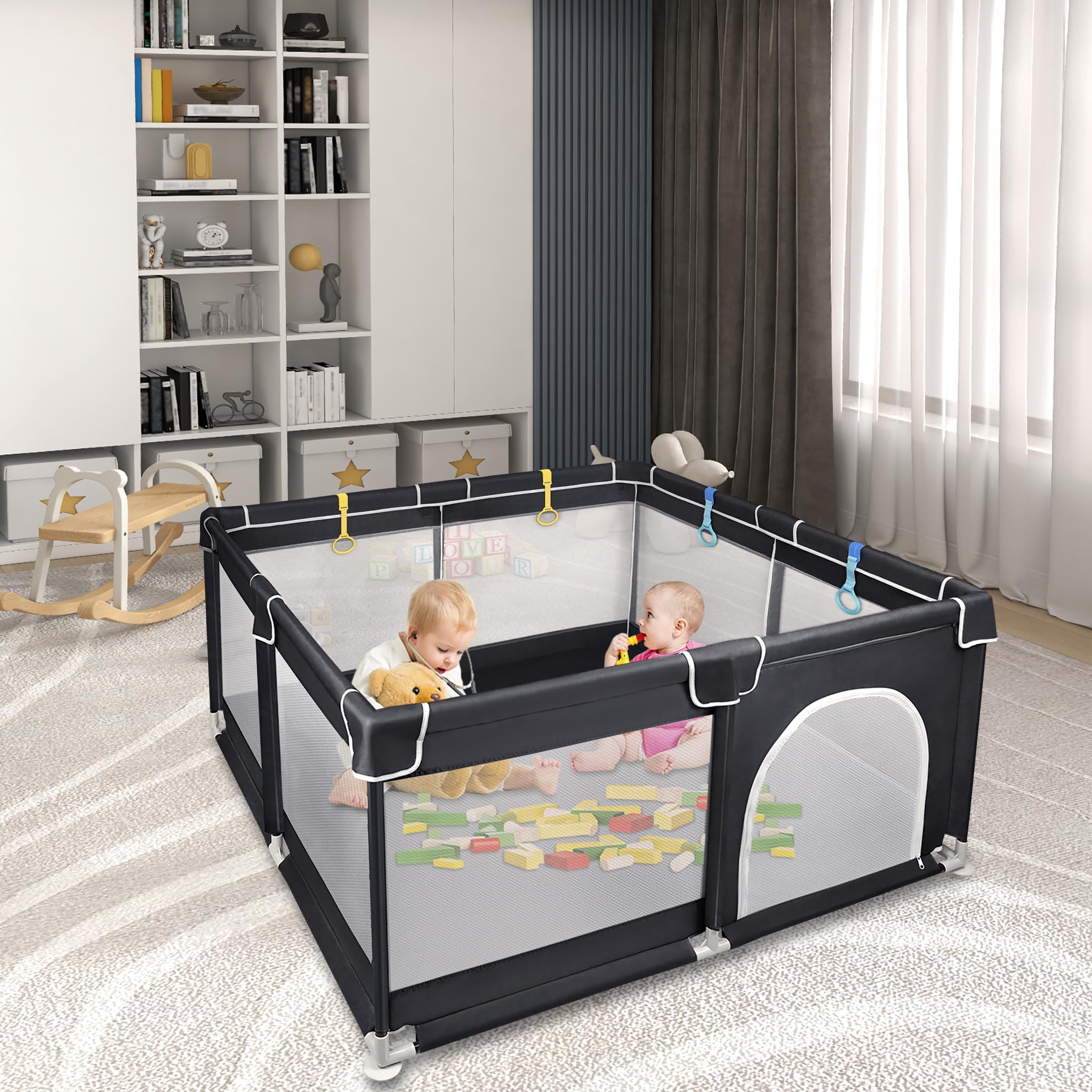 UISEBRT Box con base antiscivolo e rete traspirante e 50 palline, stabile griglia di intercettazione per bambini, colore nero, 127 x 127 cm
