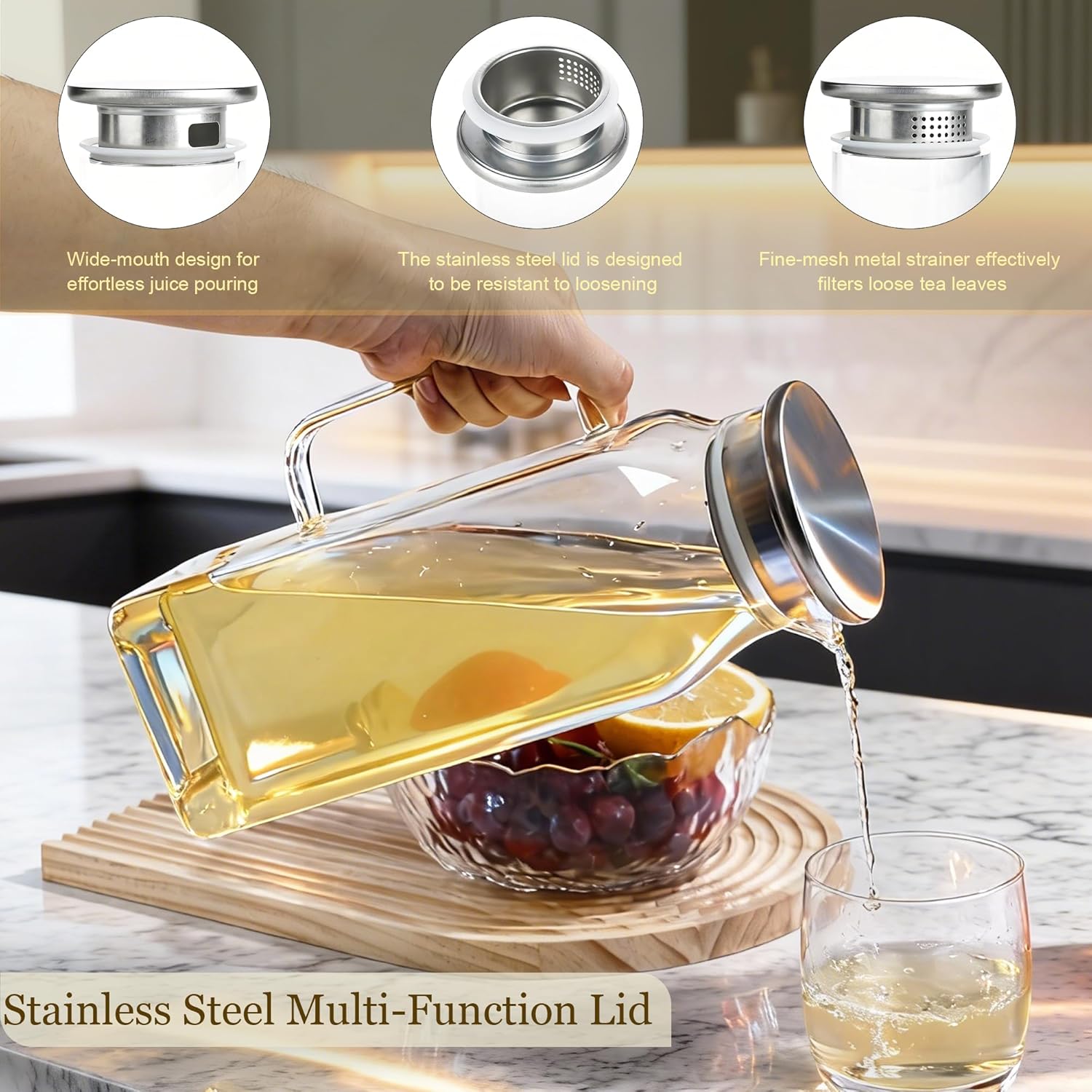 2 Pack 2 Liters/68 oz Square Glass Pitchers With Handle and Lid, Borosilicate Heat Resistant Water Jug, Modern Carafe for Hot Tea, Cold Brew and Milk, Unique Mother's Day Anniversary or Birthday Gift