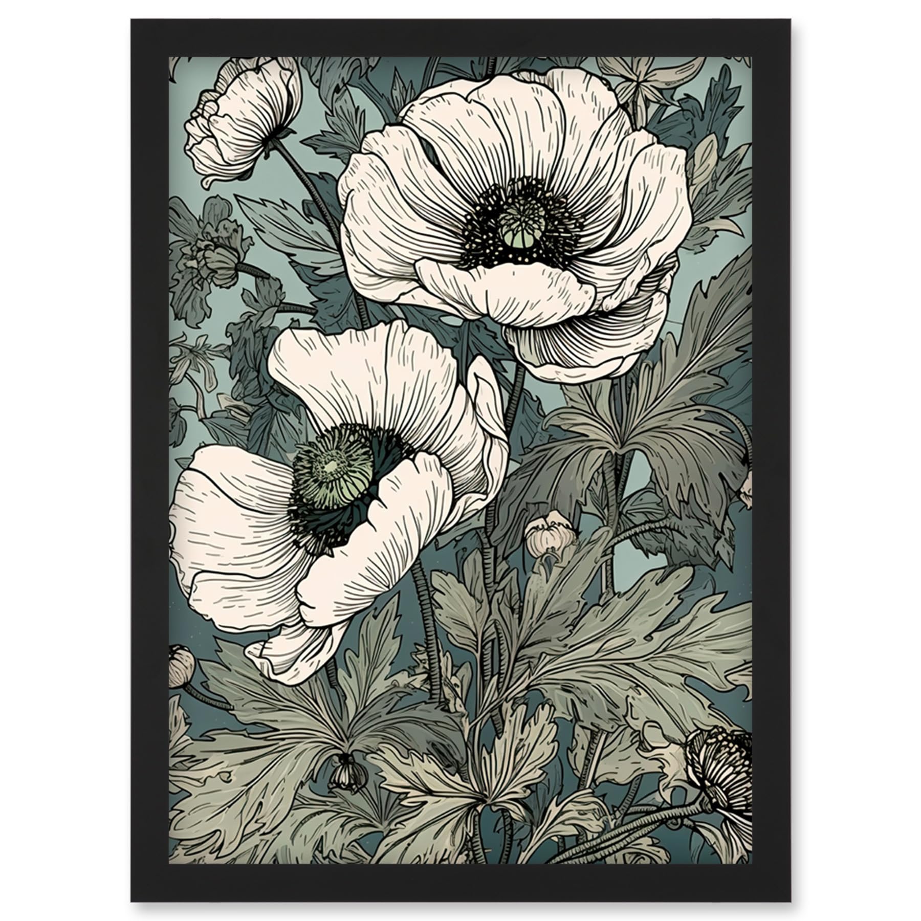 Artery8 Pastel Colour White Anemone Flower Bloom Field Artwork Framed Wall Art Print A4
