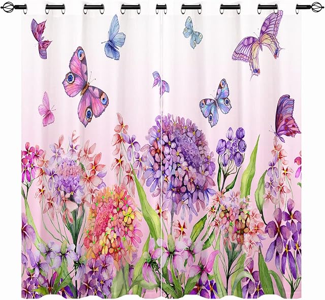 YUANZU Floral Curtains - Girls Summer Watercolor Flower Colorful Butterfly Print Pattern Eyelet Blackout Thermal Insulated Room Darkening Window Drapes for Bedroom Living Room 2 Panels W117cm x D137cm