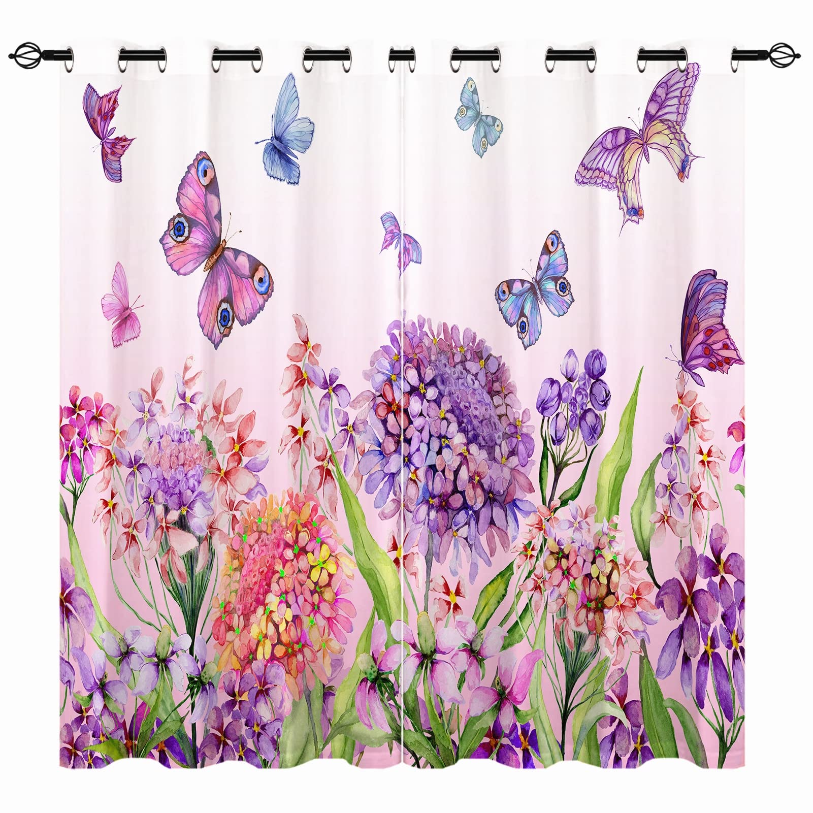 YUANZU Floral Curtains - Girls Summer Watercolor Flower Colorful Butterfly Print Pattern Eyelet Blackout Thermal Insulated Room Darkening Window Drapes for Bedroom Living Room 2 Panels W229cm x D229cm — image 1