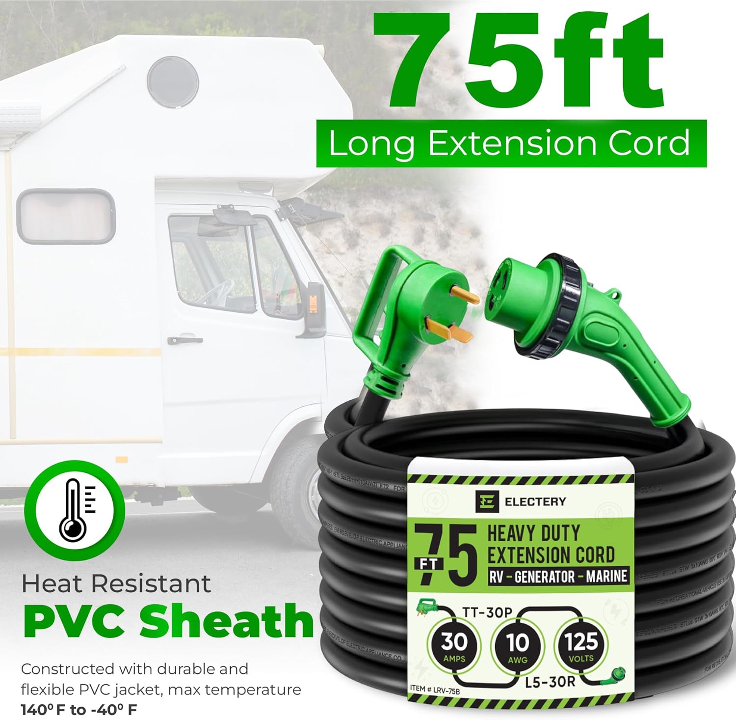 30 Amp Generator Extension Cord 75 FT, TT-30P to L5-30R Twist Lock, LED Power Indicator & Reverse Polarity Light, 10 AWG Heavy Duty RV Shore Power Cord, 90° Grip Handle, for Generator, Camper, Marine