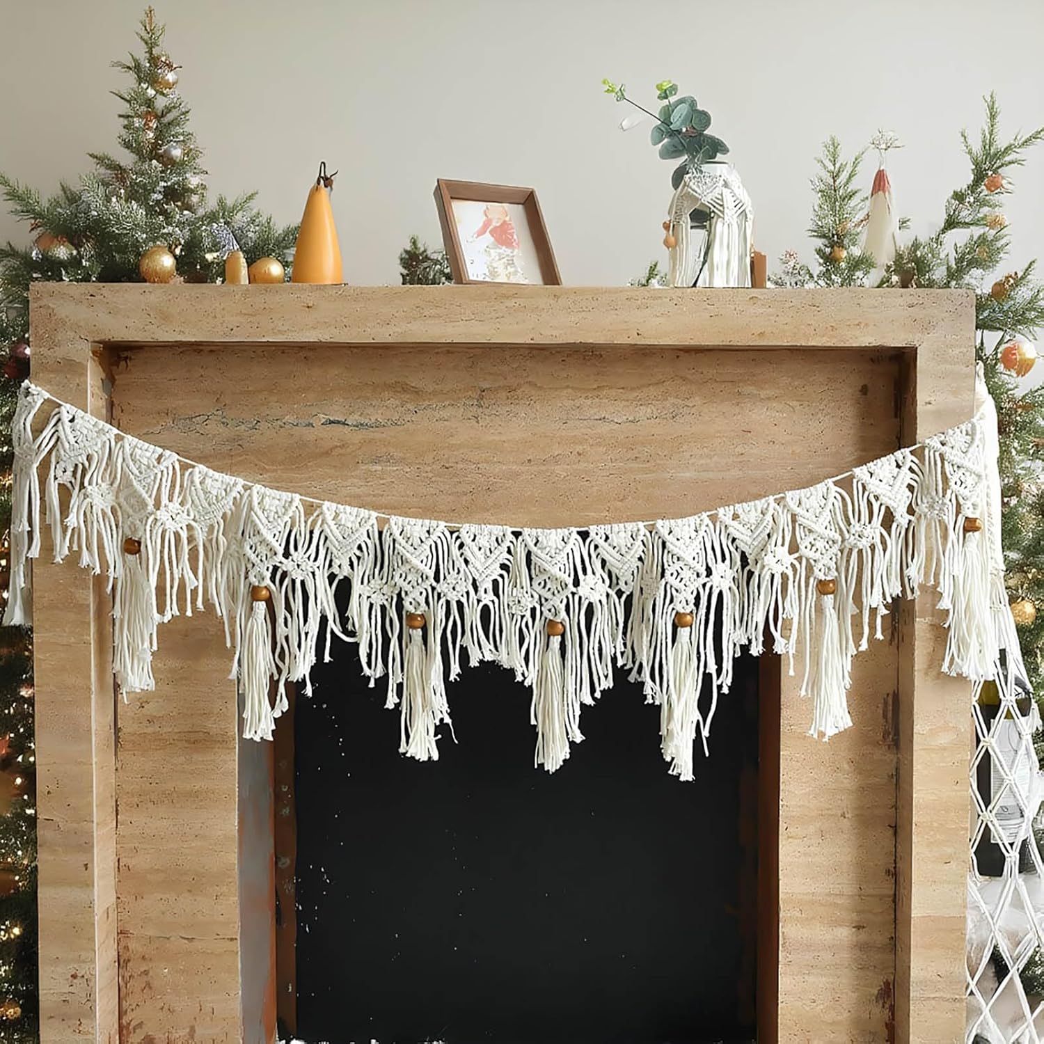 Macravine Macrame Wall Hanging Garland, Green and Cream, Bohemian Style with Wooden Beads, Handwoven Cotton Fringe Banner,44“X12.8” (Beige)