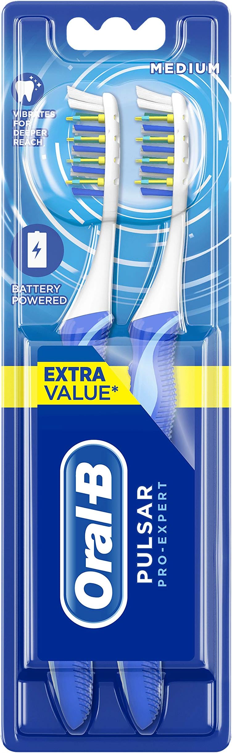 Pulsar Pro-Expert Manual Toothbrush Enhanced with Battery Power, 2 Counts, (Colours May Vary)
