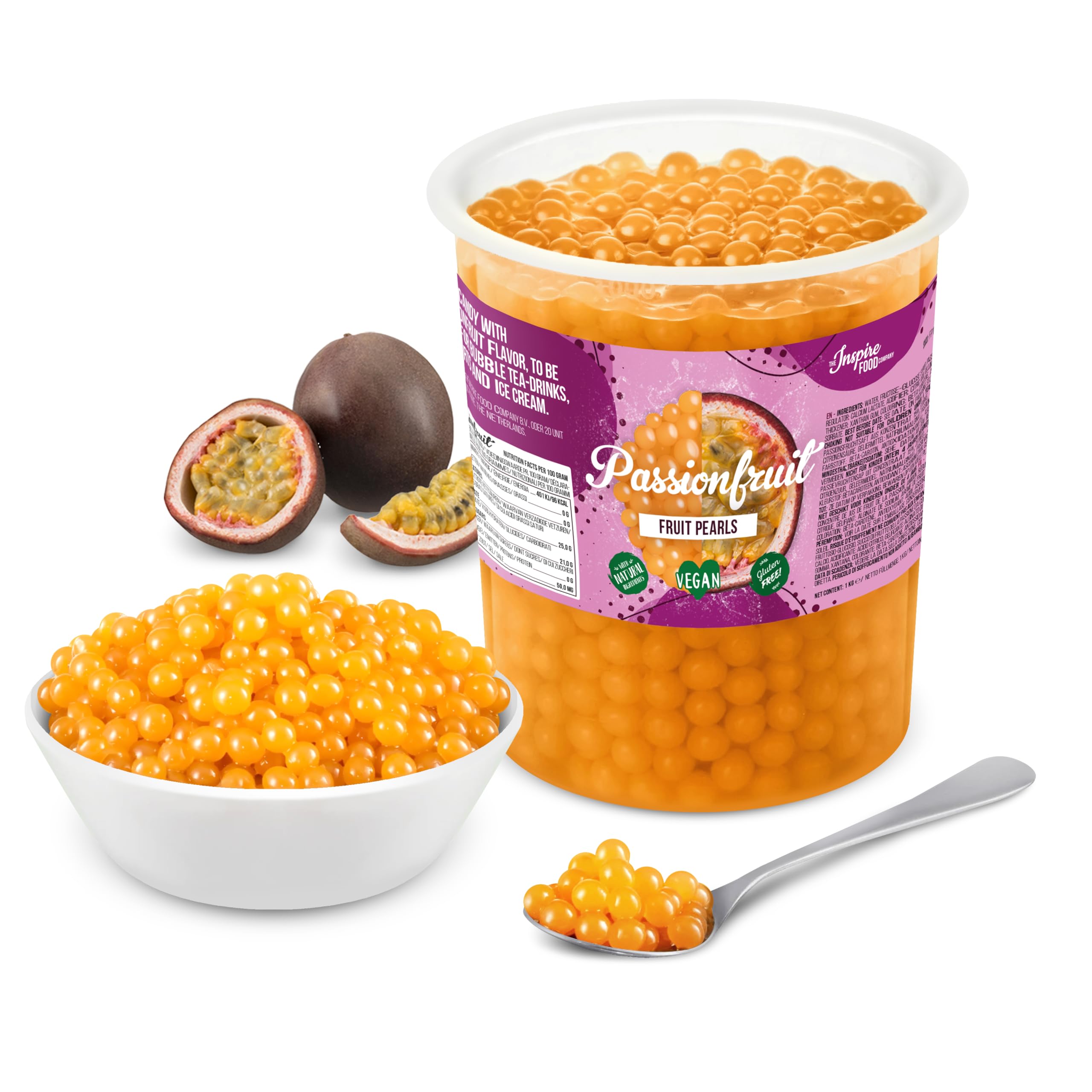 INSPIRE FOOD Bubble Tea Perlen Maracuja | Popping Boba Fruchtperlen 1kg | Tapioka Fruchtperlen und Boba Perlen - 100% vegan und glutenfrei, ohne künstliche Farbstoff