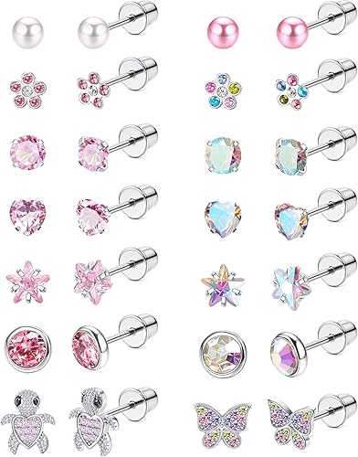 LOYALLOOK 14 pares de aretes hipoalergénicos con rosca para mujeres y niñas, pequeñas circonita cúbica, bola de perla, corazón, flor, tornillo,