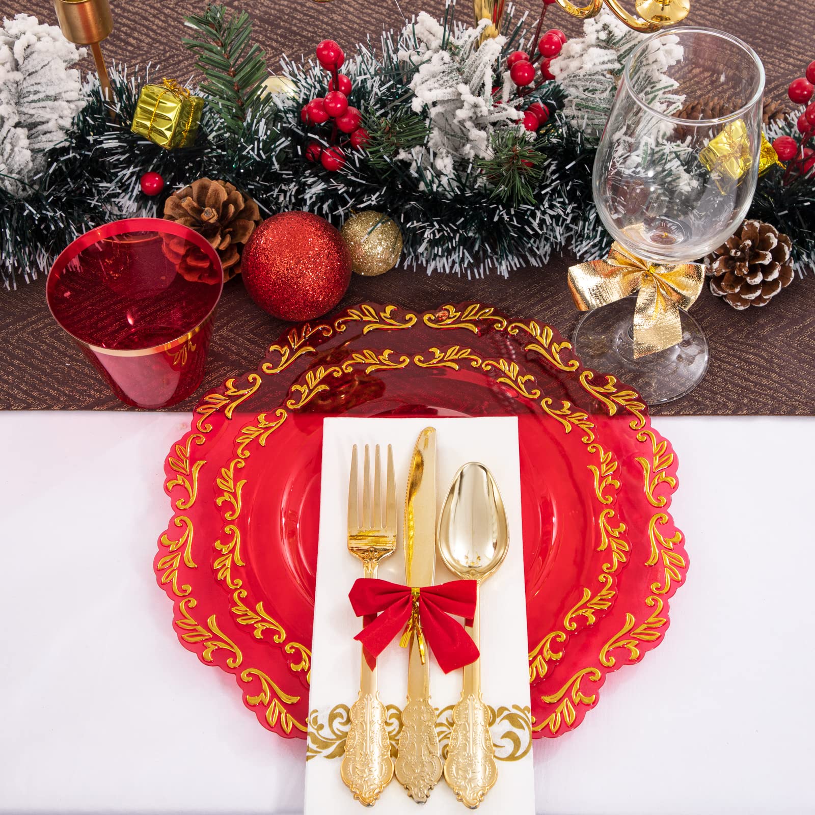 PULOTE 175PCS Clear Red Plastic Plates with Gold Rim & Gold Plastic Silverware Include 25 Dinner Plates,25 Dessert Plates,25 Knives,25 Forks,25 Spoons,25 Cups,25 Napkins for Party