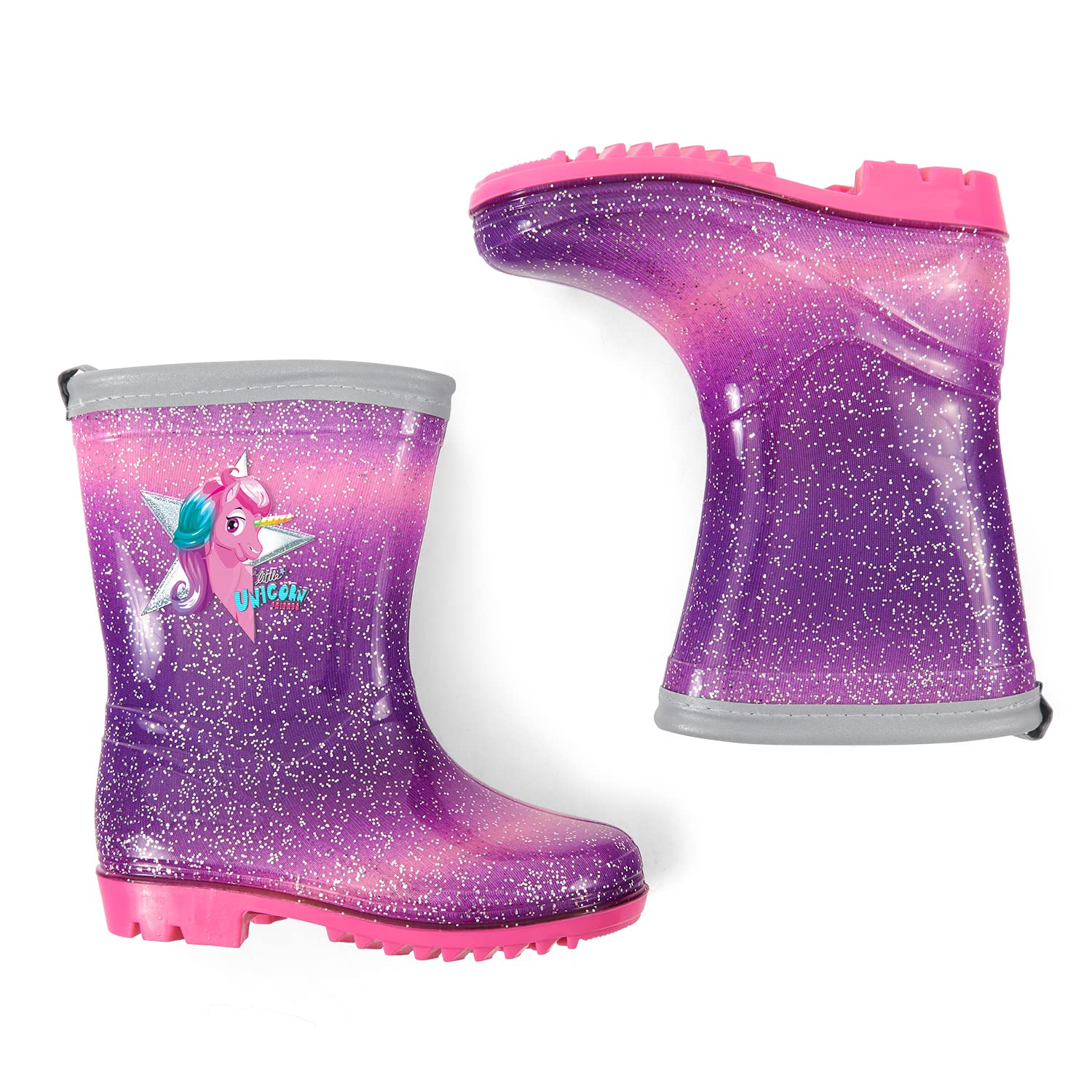 PERLETTI Botas de Agua Niñas con Unicornio - Calzado de Lluvia Niña Morado y Rosa - Botas Impermeables Infantes con Detalles Reflectantes Suela Antideslizante - Material PVC 5 Tallas