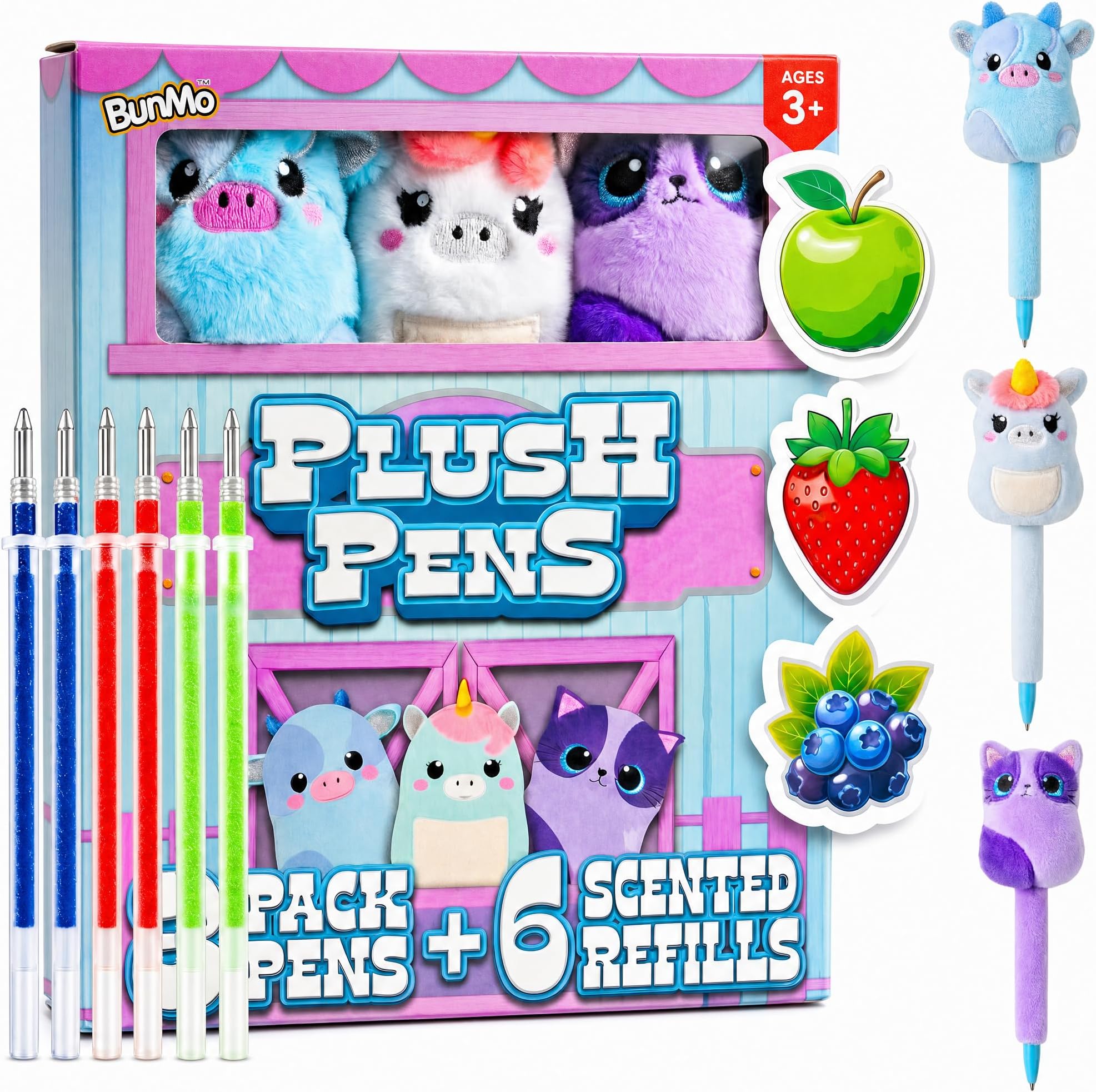 BUNMO Plush Cute Pens 3-Pack – Squishy Animal Pens w/Scented Glitter Ink Refills – Cat, Cow, Unicorn – Fun Writing, Doodling & Journaling for Kids & Teens