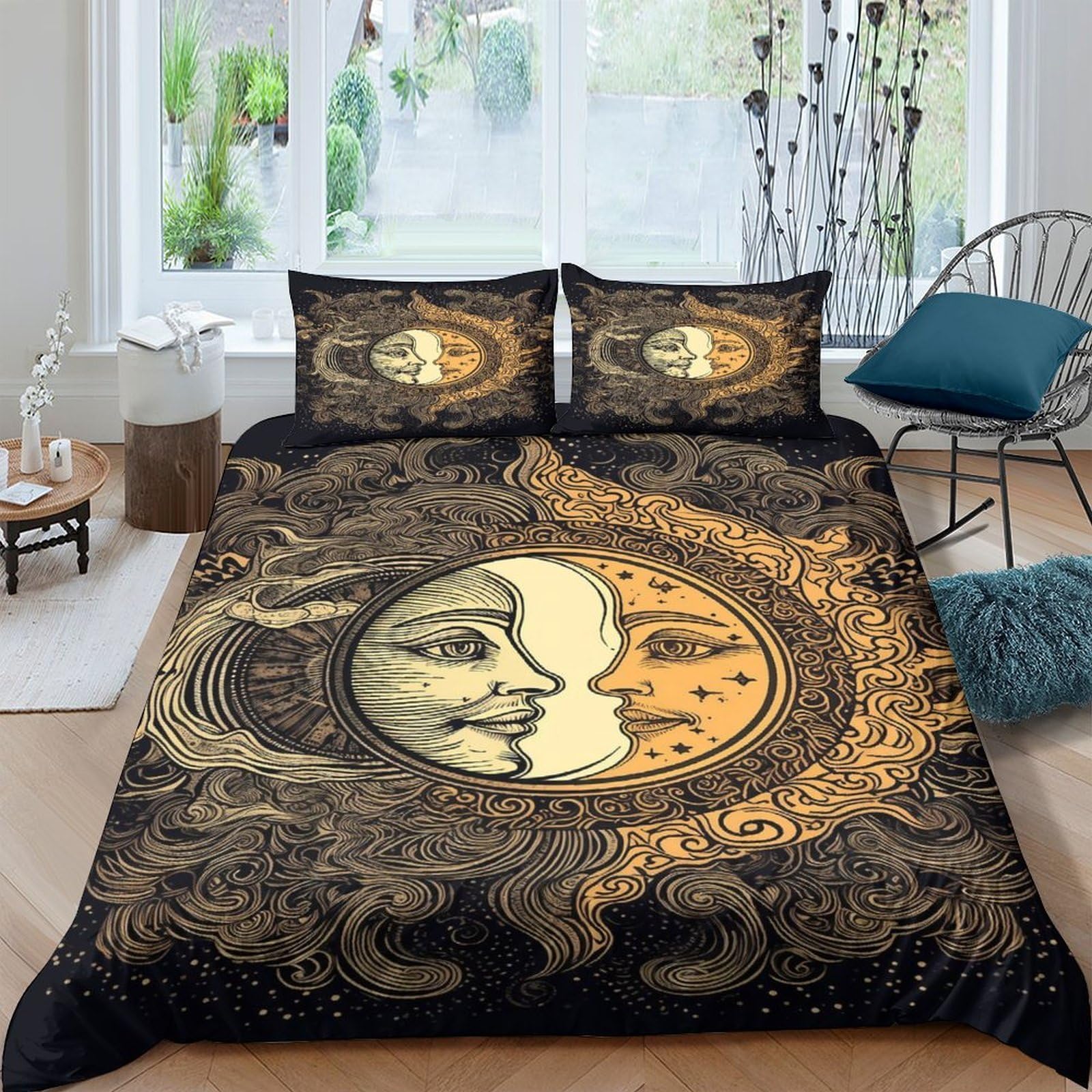 Ctjqhvkz Style-10 3D Printed Sun Moon Fitted Sheet Microfiber Soft Black Gold Mandala Bed Cover For Bedroom Dorm Mattress Protection Single（135X200cm）
